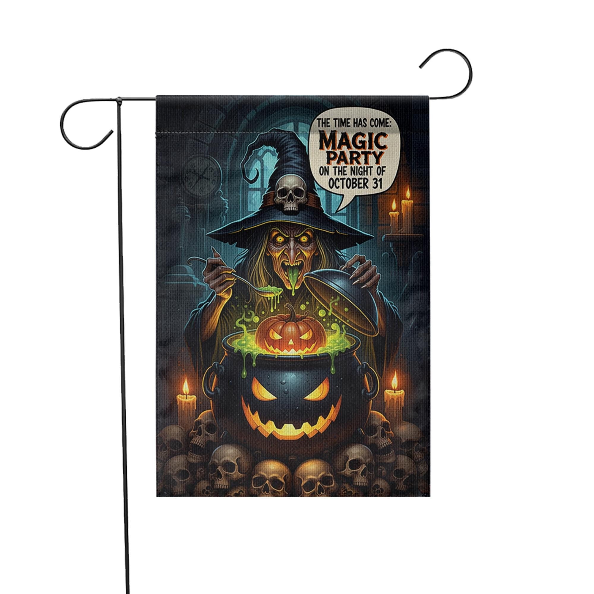 Magic Party Witch Garden Flag | Spooky Halloween Cauldron Yard Decor | October 31st Outdoor Sign