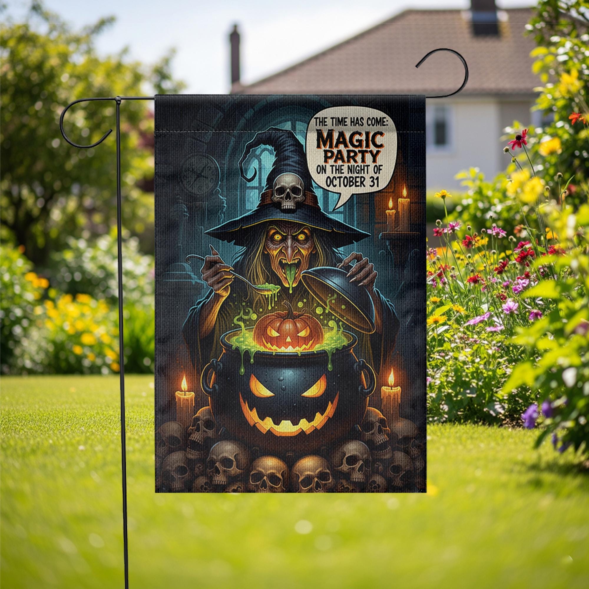 Magic Party Witch Garden Flag | Spooky Halloween Cauldron Yard Decor | October 31st Outdoor Sign