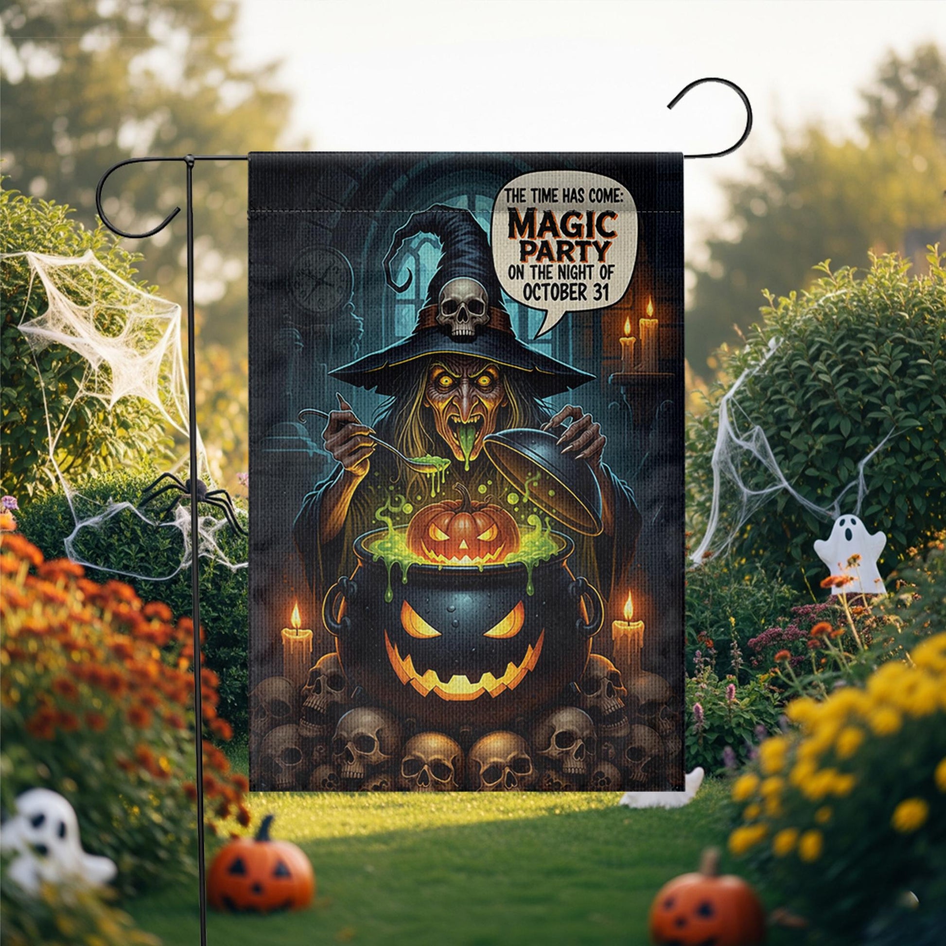 Magic Party Witch Garden Flag | Spooky Halloween Cauldron Yard Decor | October 31st Outdoor Sign