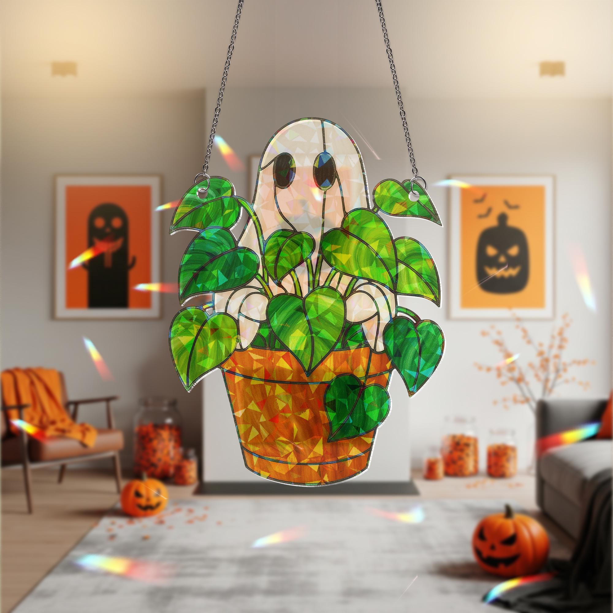Ghost Plant Acrylic Hologram Decor, Holographic Decor, Spooky Houseplant Ornament, Halloween Ghost Pot Hanger Gift