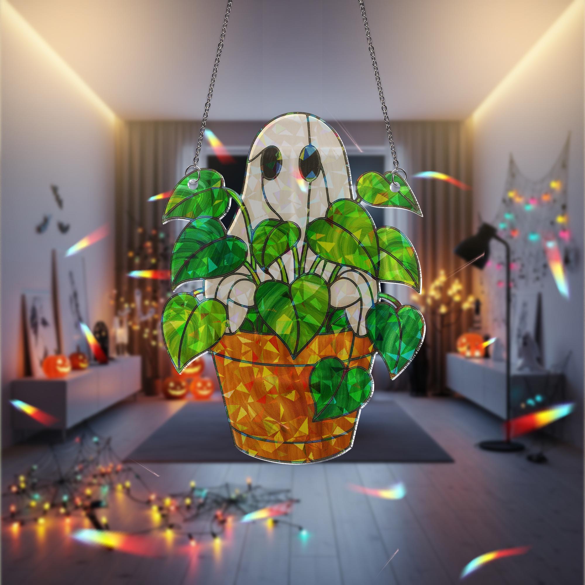 Ghost Plant Acrylic Hologram Decor, Holographic Decor, Spooky Houseplant Ornament, Halloween Ghost Pot Hanger Gift