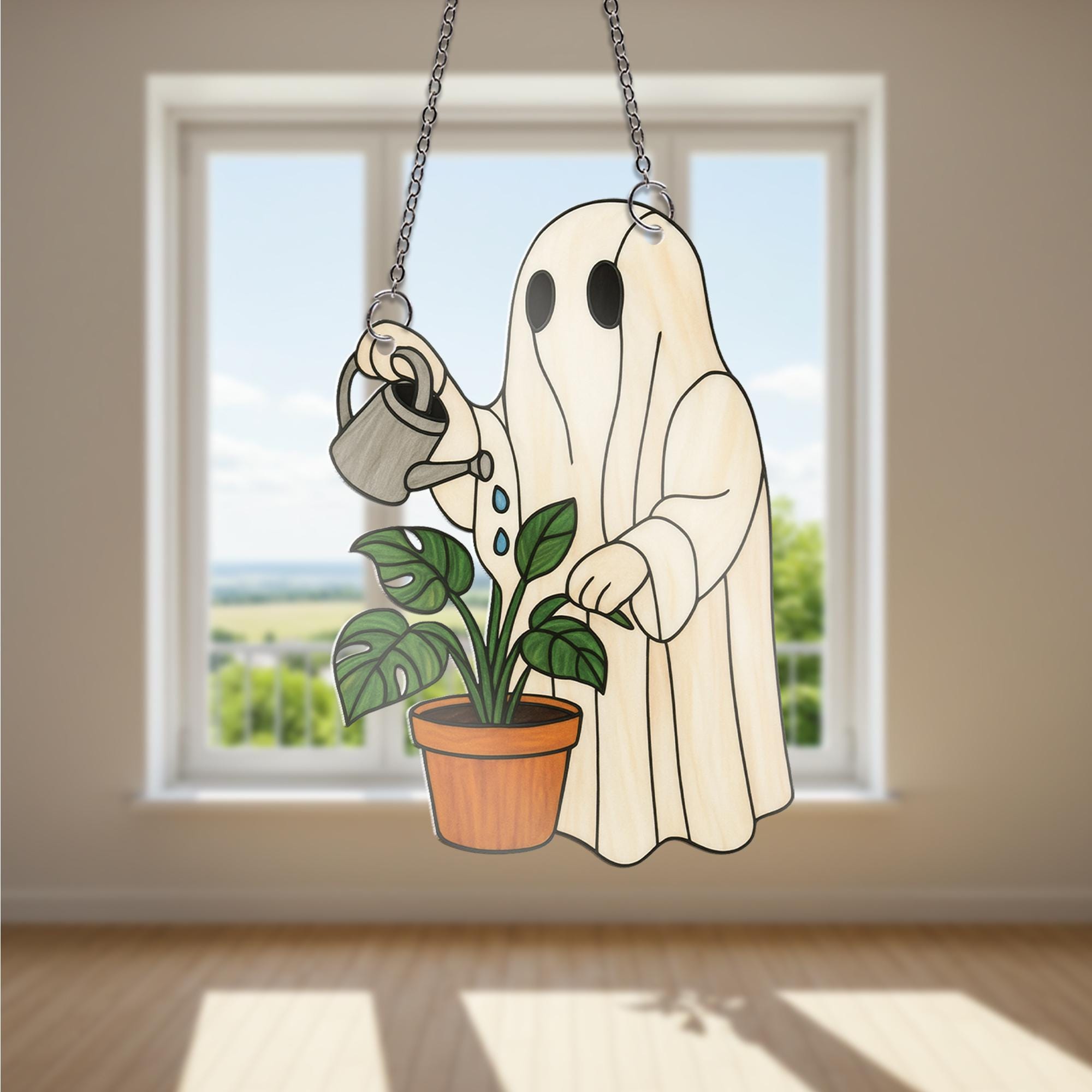Ghost Watering Plant Acrylic Window hanging, Cute Acrylic Window Hanging, Plant Lover Halloween Decor, Spooky Garden Ghost Ornament