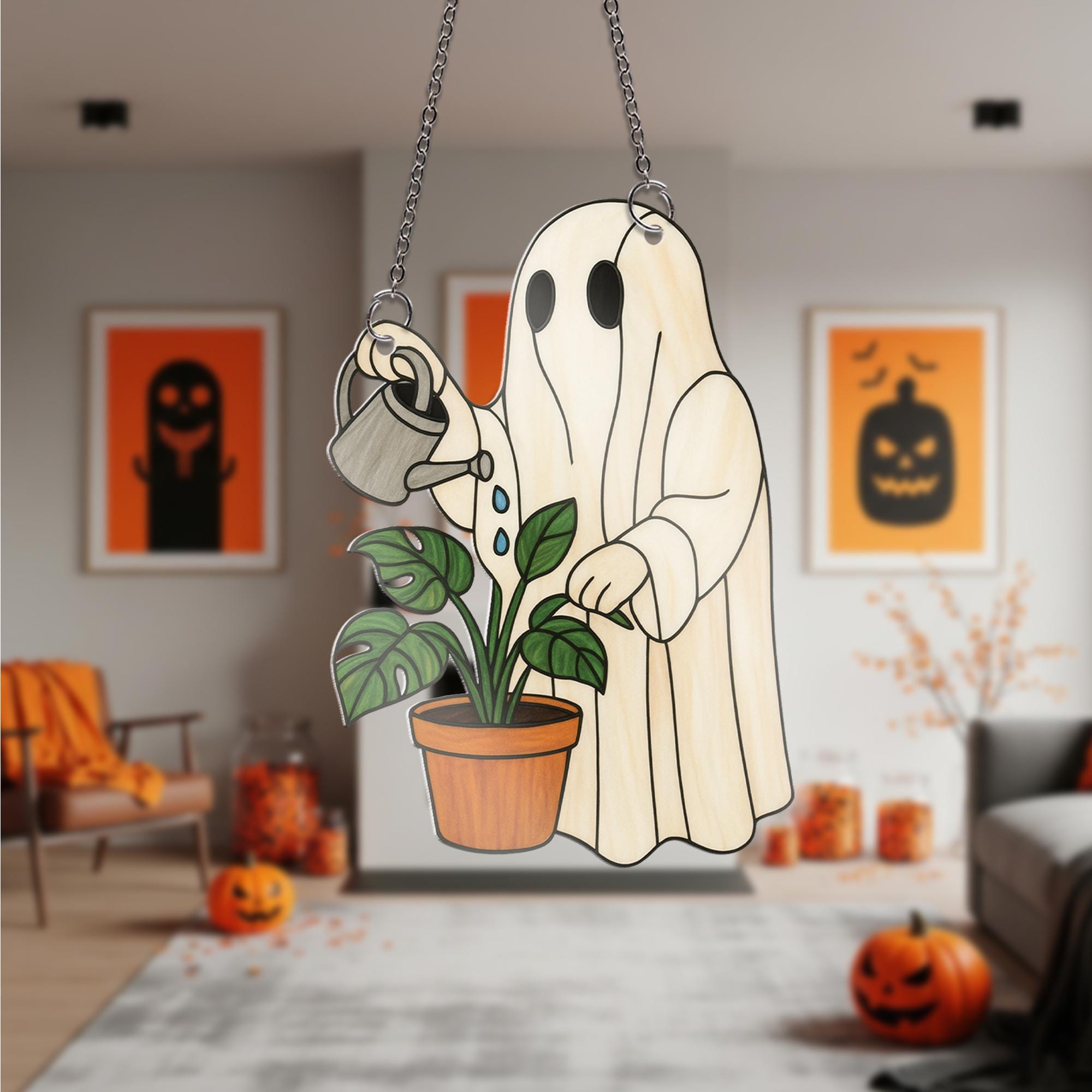 Ghost Watering Plant Acrylic Window hanging, Cute Acrylic Window Hanging, Plant Lover Halloween Decor, Spooky Garden Ghost Ornament