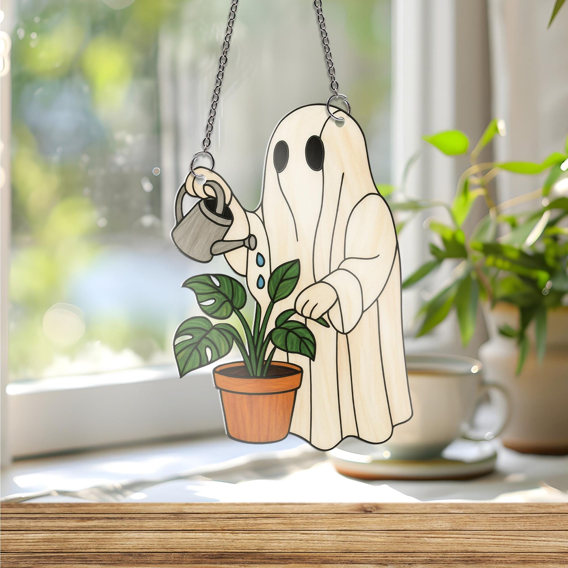Ghost Watering Plant Acrylic Window hanging, Cute Acrylic Window Hanging, Plant Lover Halloween Decor, Spooky Garden Ghost Ornament