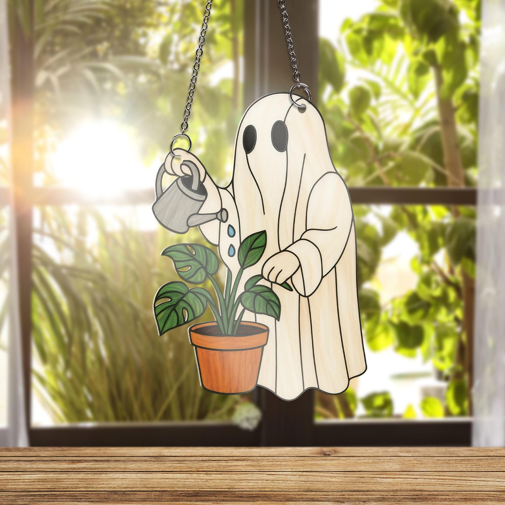 Ghost Watering Plant Acrylic Window hanging, Cute Acrylic Window Hanging, Plant Lover Halloween Decor, Spooky Garden Ghost Ornament