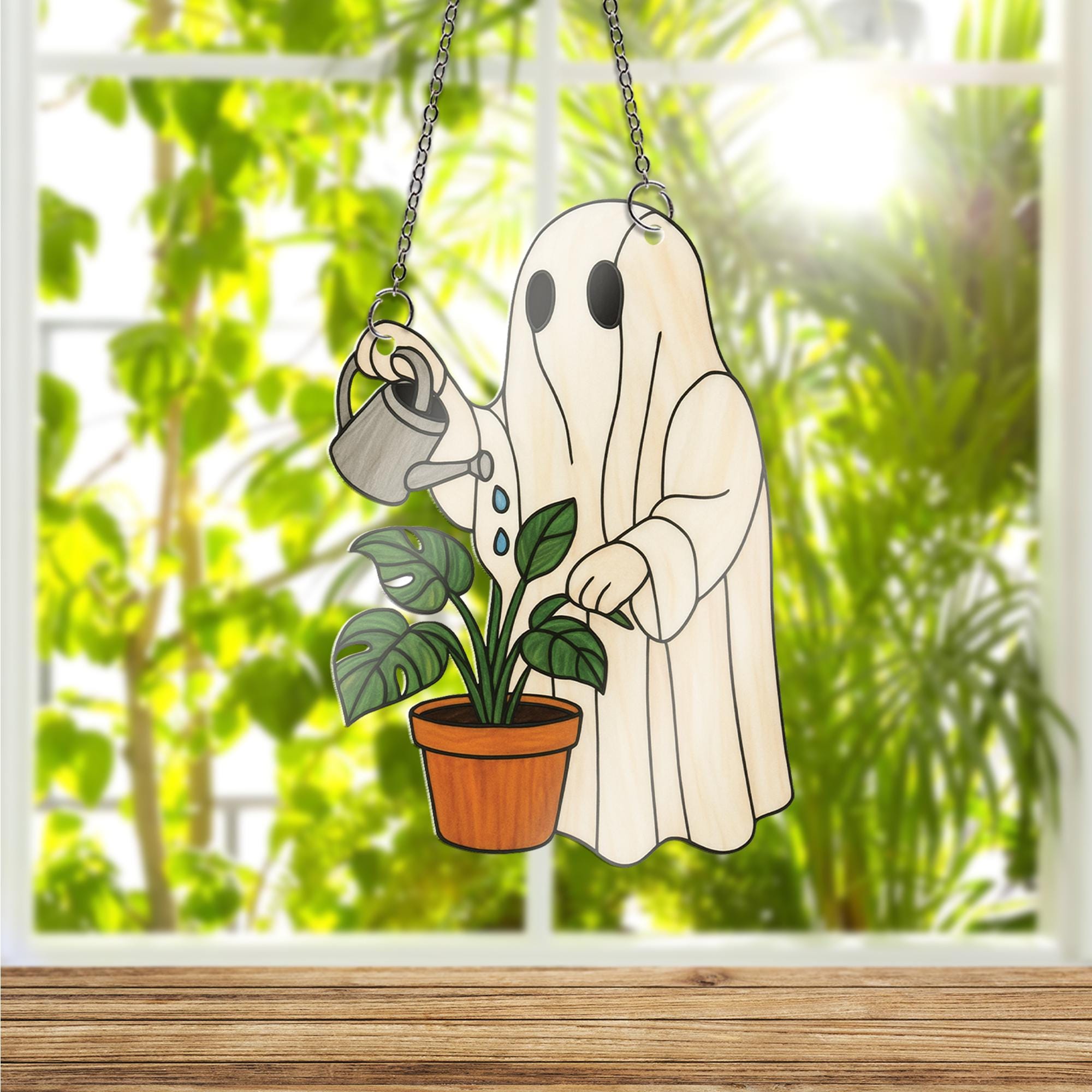 Ghost Watering Plant Acrylic Window hanging, Cute Acrylic Window Hanging, Plant Lover Halloween Decor, Spooky Garden Ghost Ornament