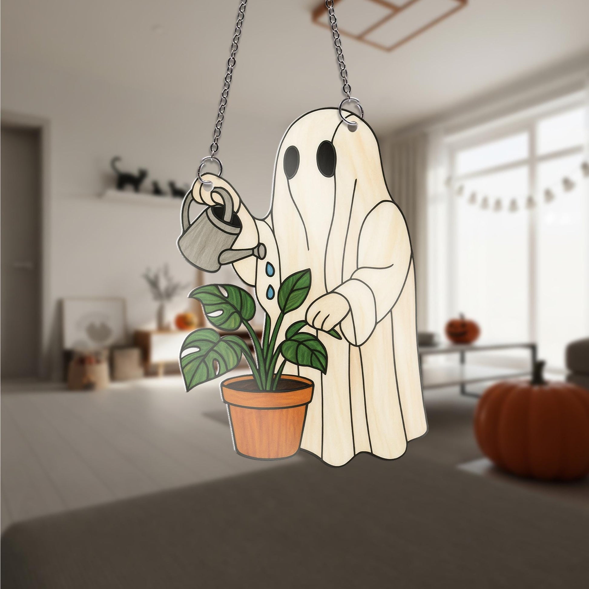 Ghost Watering Plant Acrylic Window hanging, Cute Acrylic Window Hanging, Plant Lover Halloween Decor, Spooky Garden Ghost Ornament