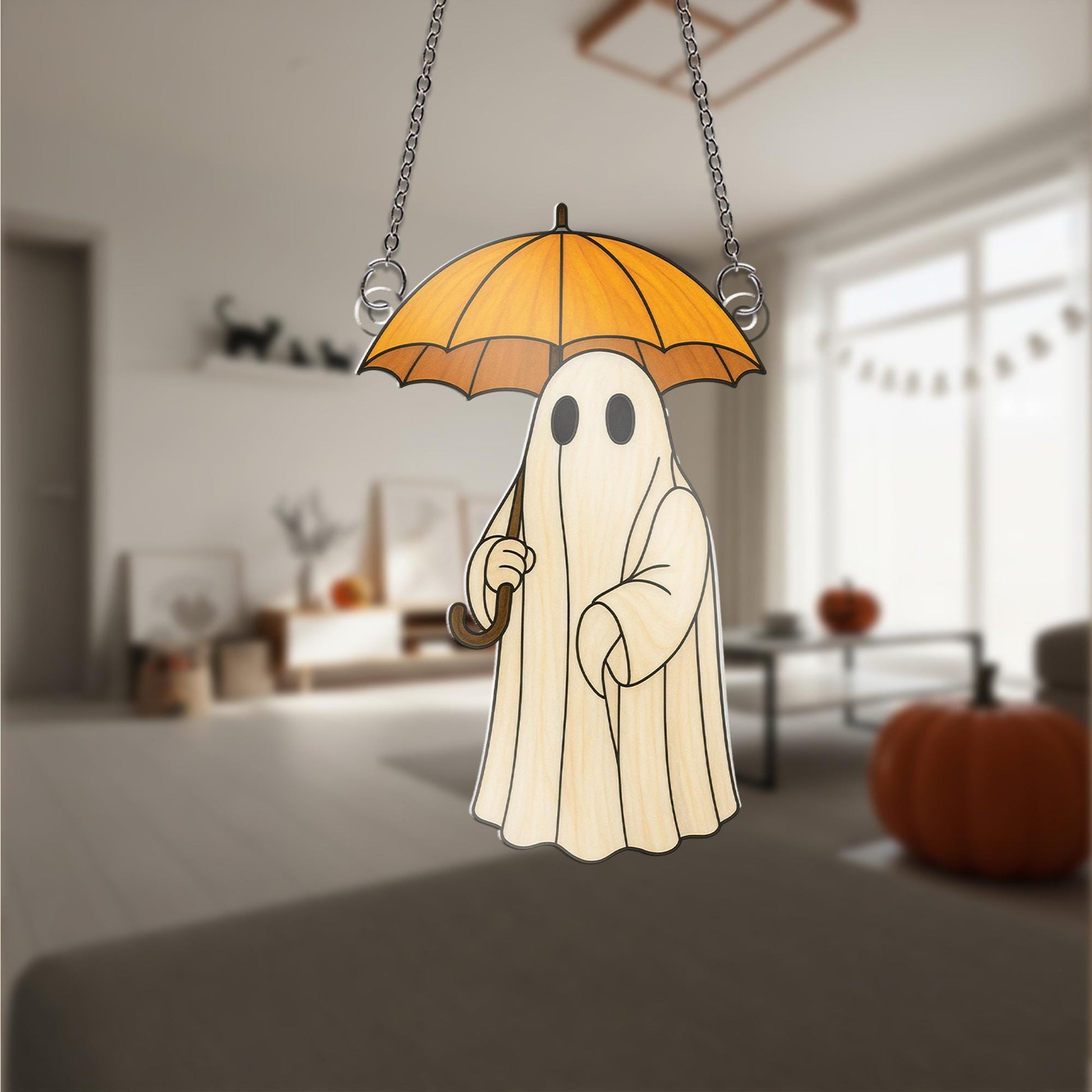 Cute Ghost with Umbrella Acrylic Window Hanging Decor, Spooky Ghost Ornament, Fall Halloween Home Decoration, Halloween Decoration