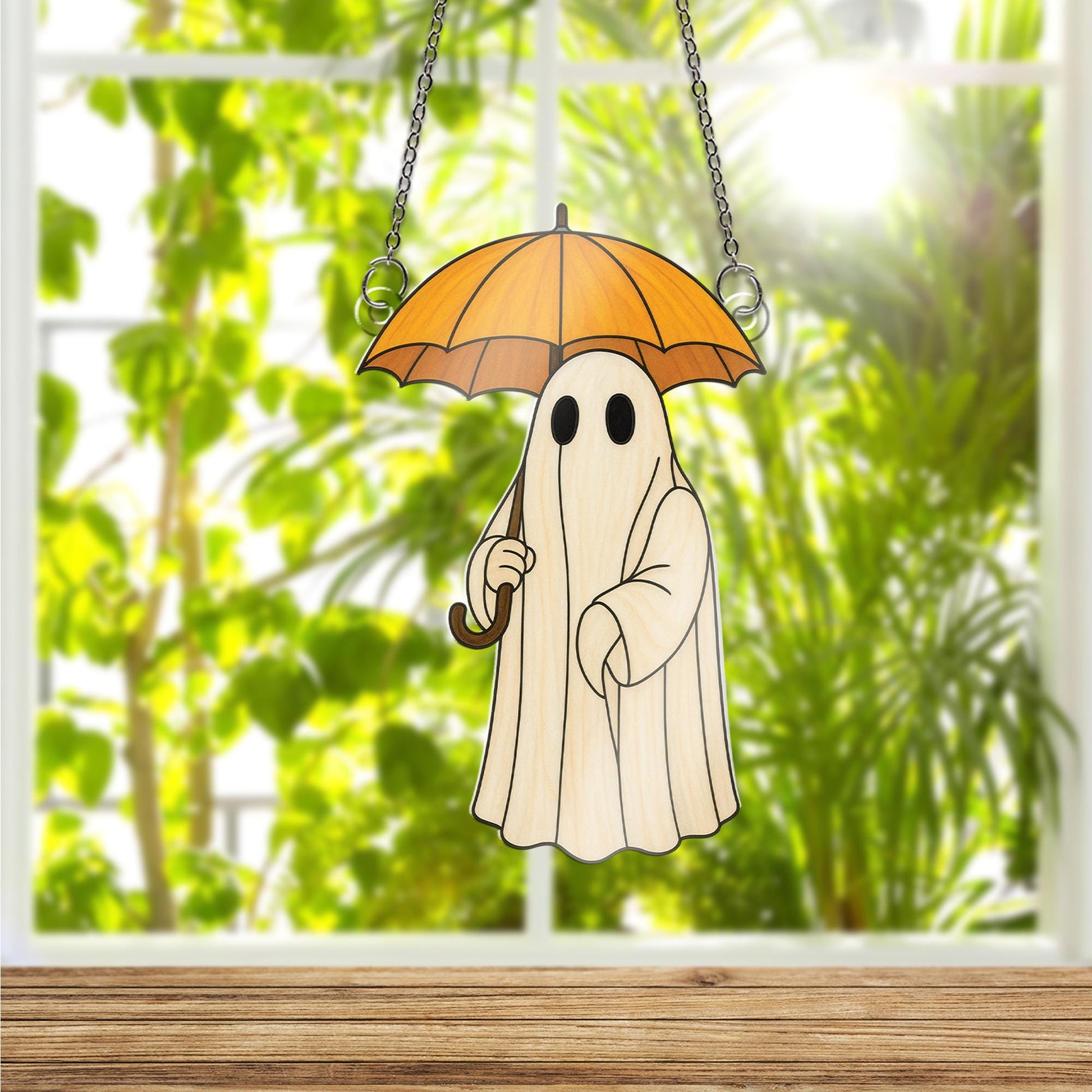 Cute Ghost with Umbrella Acrylic Window Hanging Decor, Spooky Ghost Ornament, Fall Halloween Home Decoration, Halloween Decoration