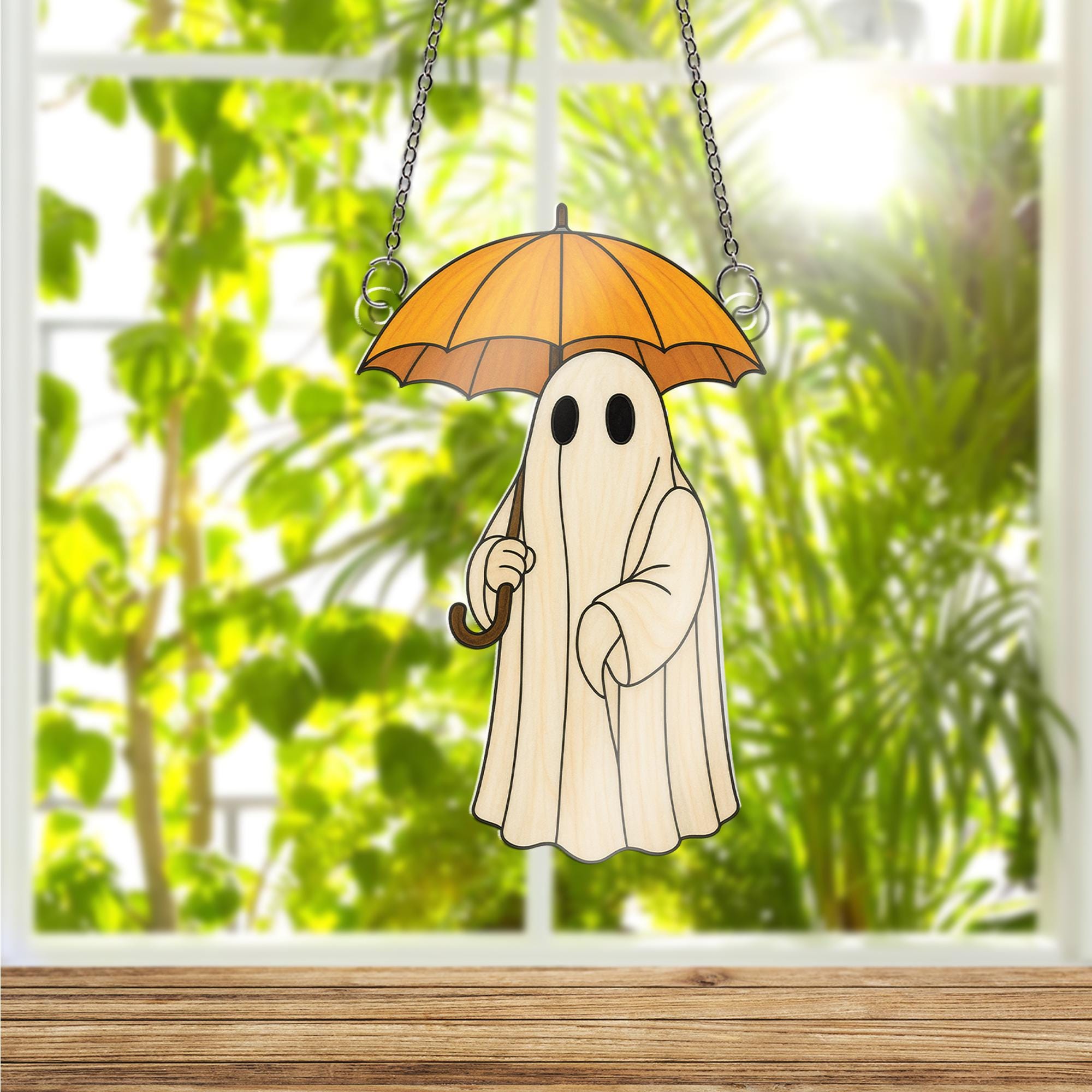 Cute Ghost with Umbrella Acrylic Window Hanging Decor, Spooky Ghost Ornament, Fall Halloween Home Decoration, Halloween Decoration