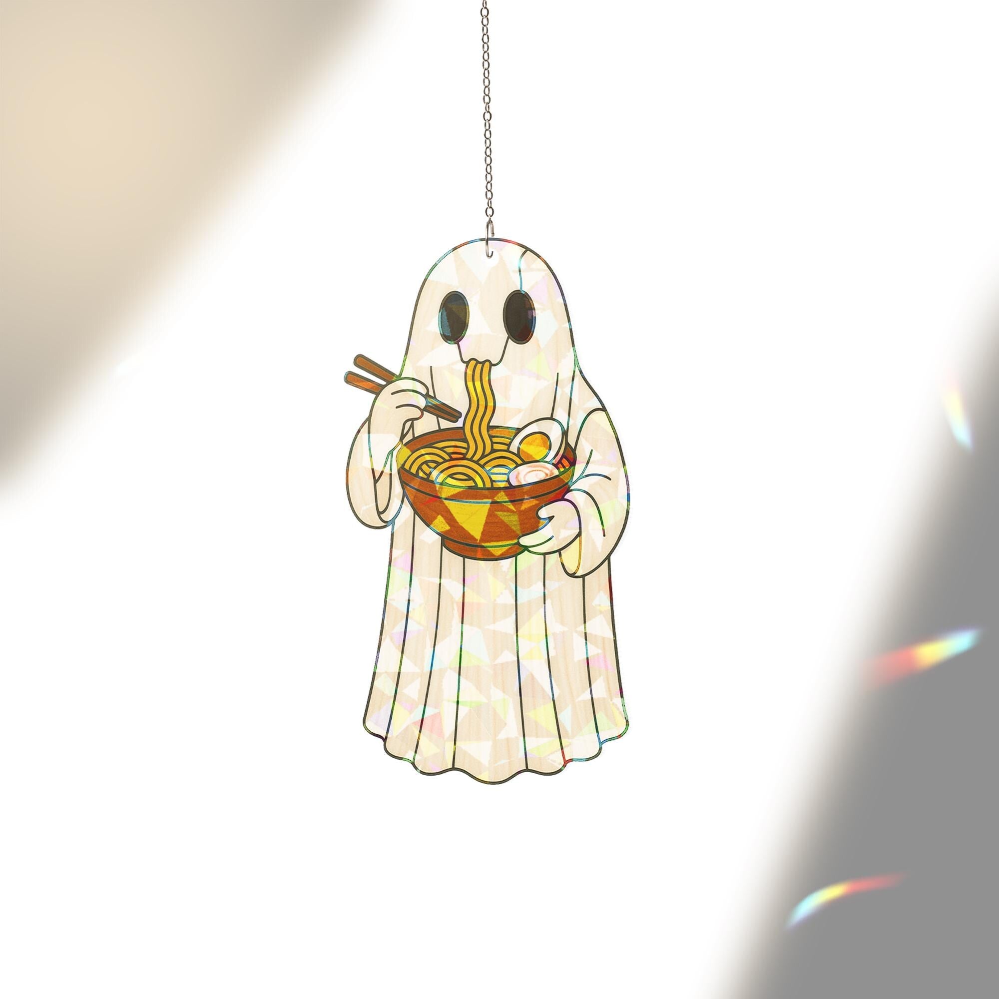 Ghost Eating Ramen Holographic Acrylic Window Hanging, Funny Spooky Kitchen Decor, Kawaii Ghost Food Ornament, Kute Kitchen Decor