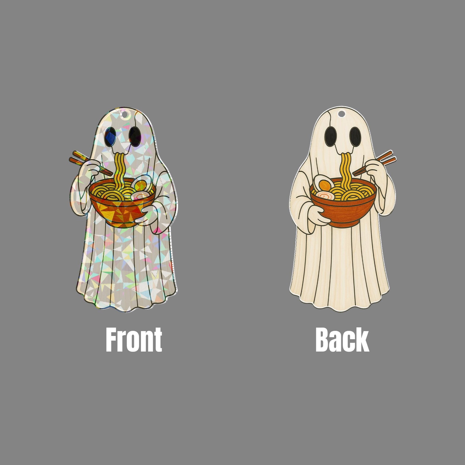 Ghost Eating Ramen Holographic Acrylic Window Hanging, Funny Spooky Kitchen Decor, Kawaii Ghost Food Ornament, Kute Kitchen Decor