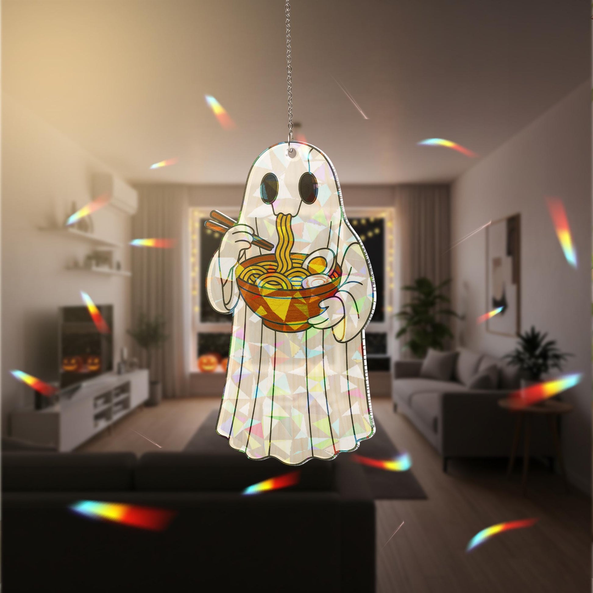 Ghost Eating Ramen Holographic Acrylic Window Hanging, Funny Spooky Kitchen Decor, Kawaii Ghost Food Ornament, Kute Kitchen Decor