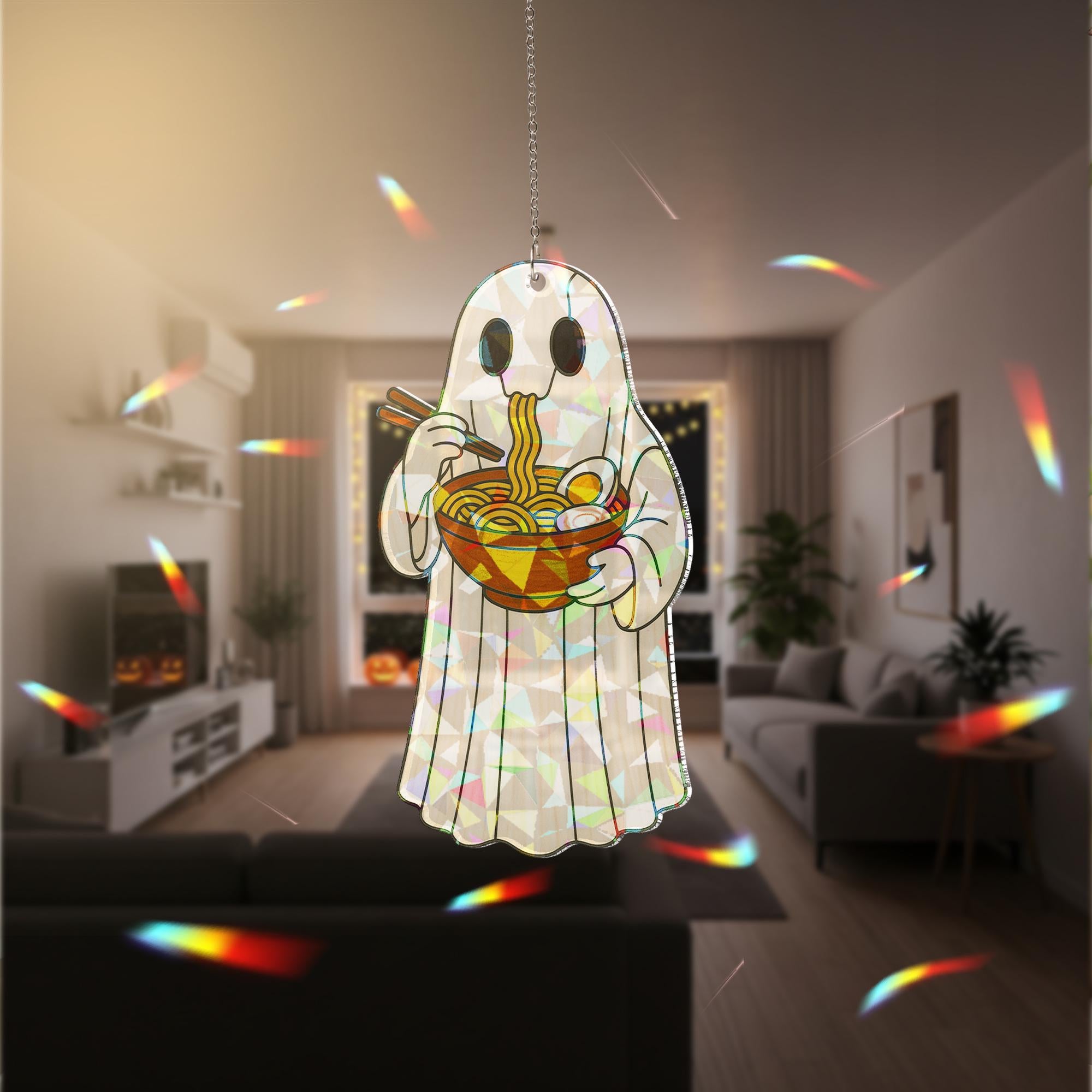 Ghost Eating Ramen Holographic Acrylic Window Hanging, Funny Spooky Kitchen Decor, Kawaii Ghost Food Ornament, Kute Kitchen Decor
