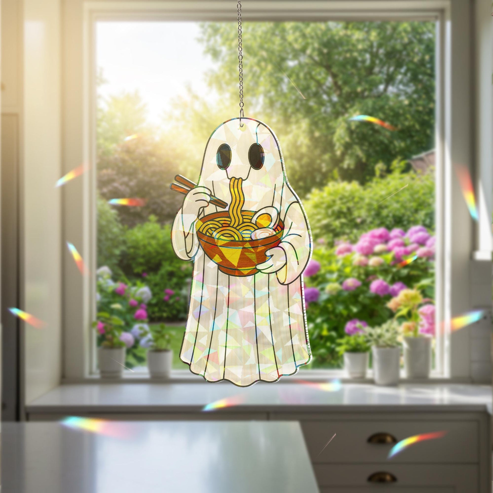 Ghost Eating Ramen Holographic Acrylic Window Hanging, Funny Spooky Kitchen Decor, Kawaii Ghost Food Ornament, Kute Kitchen Decor