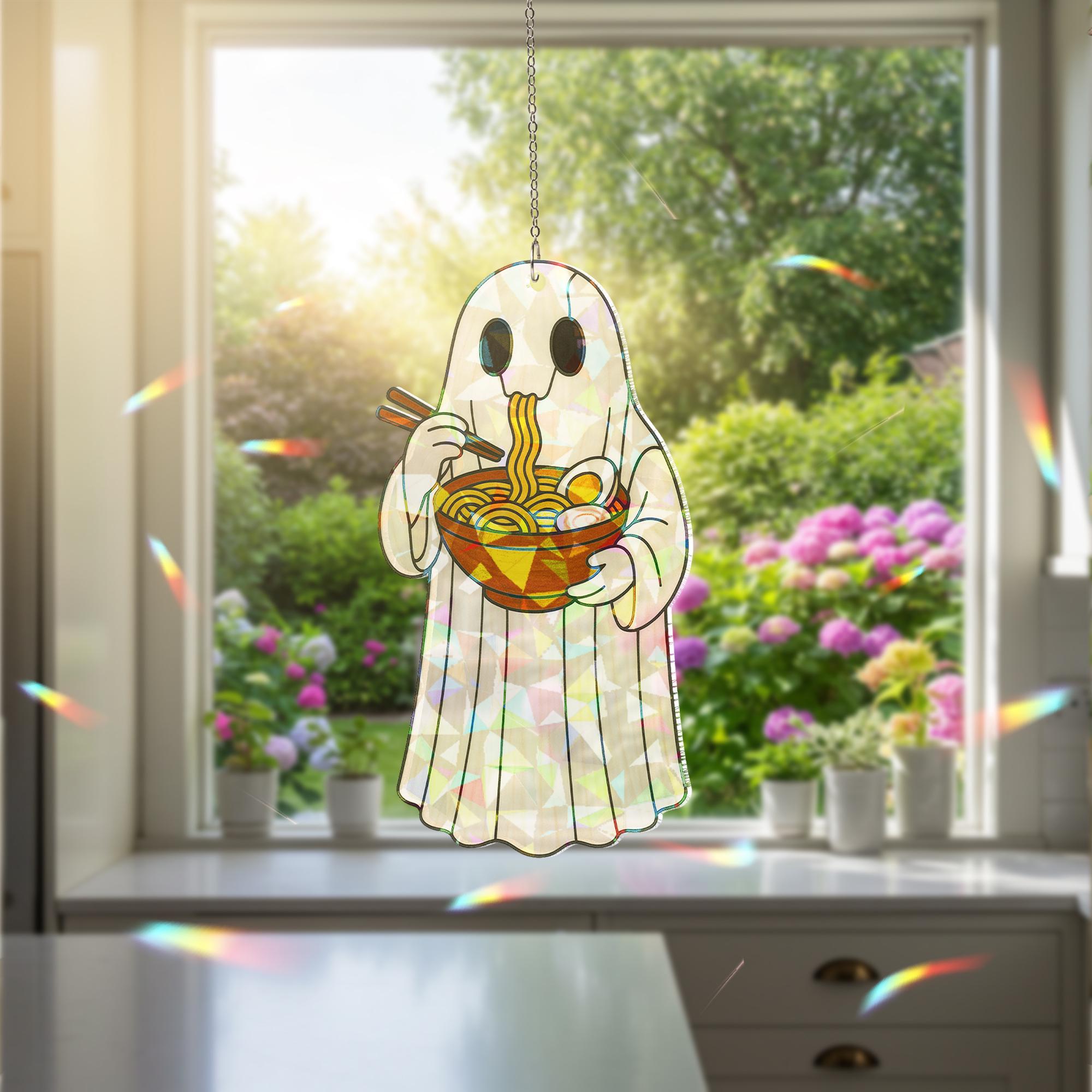 Ghost Eating Ramen Holographic Acrylic Window Hanging, Funny Spooky Kitchen Decor, Kawaii Ghost Food Ornament, Kute Kitchen Decor
