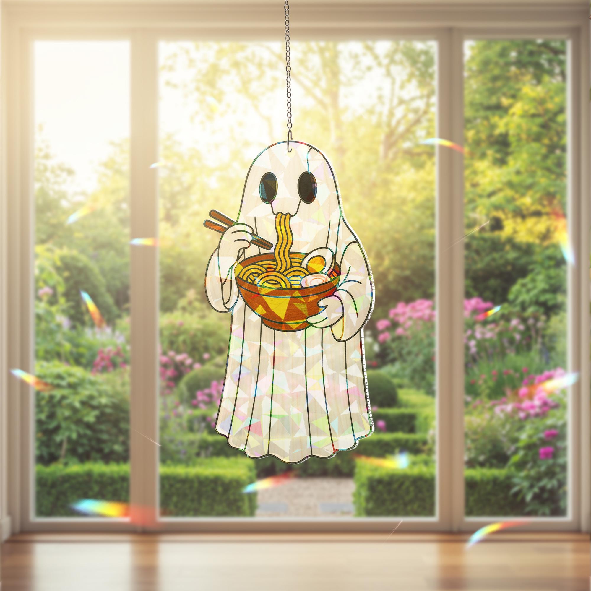 Ghost Eating Ramen Holographic Acrylic Window Hanging, Funny Spooky Kitchen Decor, Kawaii Ghost Food Ornament, Kute Kitchen Decor