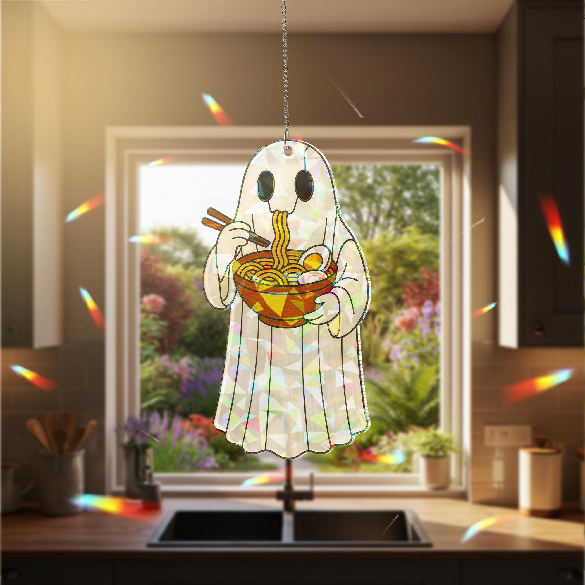 Ghost Eating Ramen Holographic Acrylic Window Hanging, Funny Spooky Kitchen Decor, Kawaii Ghost Food Ornament, Kute Kitchen Decor