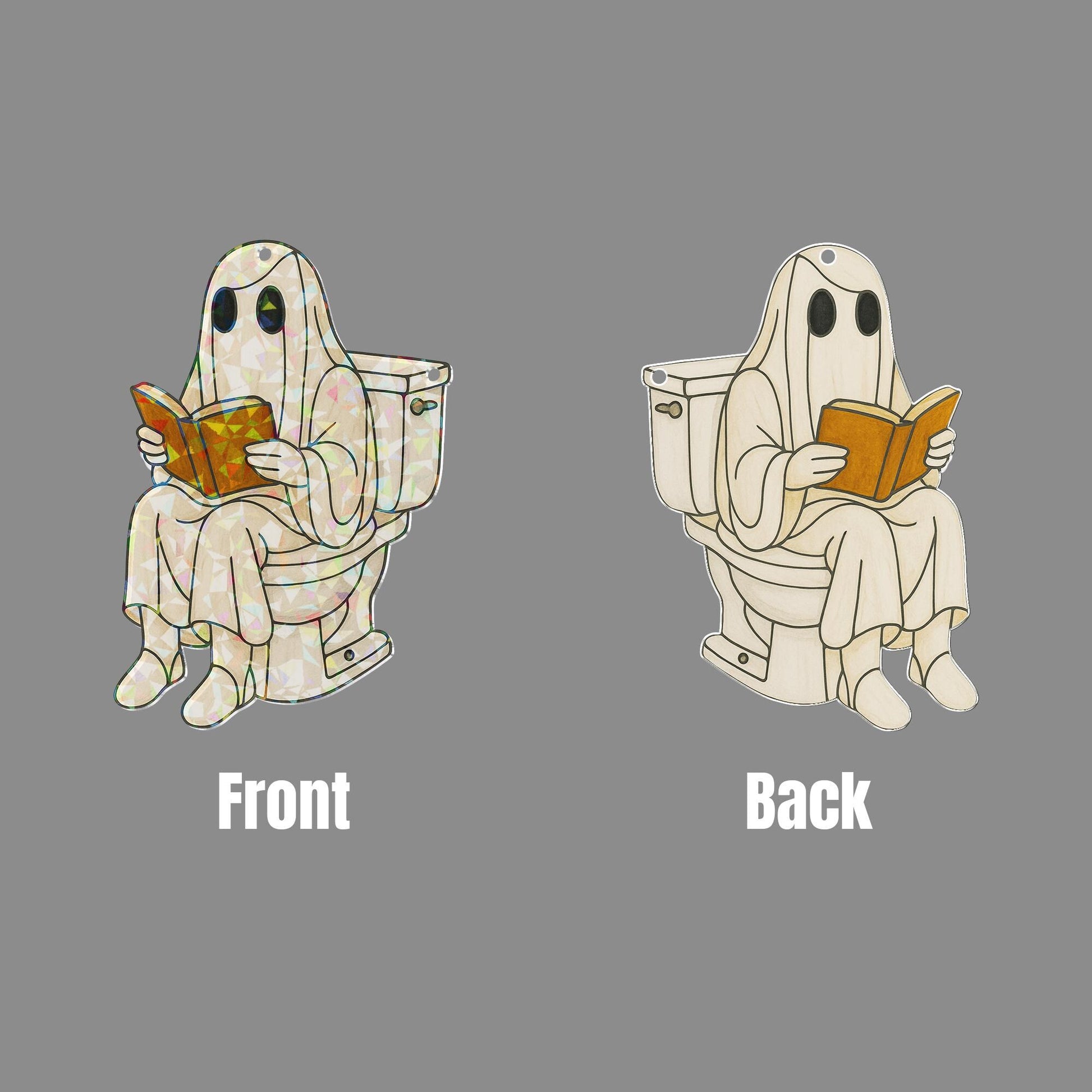 Funny Ghost on Toilet Holographic Bathroom Decor, Halloween Reading Ghost Acrylic Hanging, Spooky Toilet Ornament, Funny Bathroom Decor