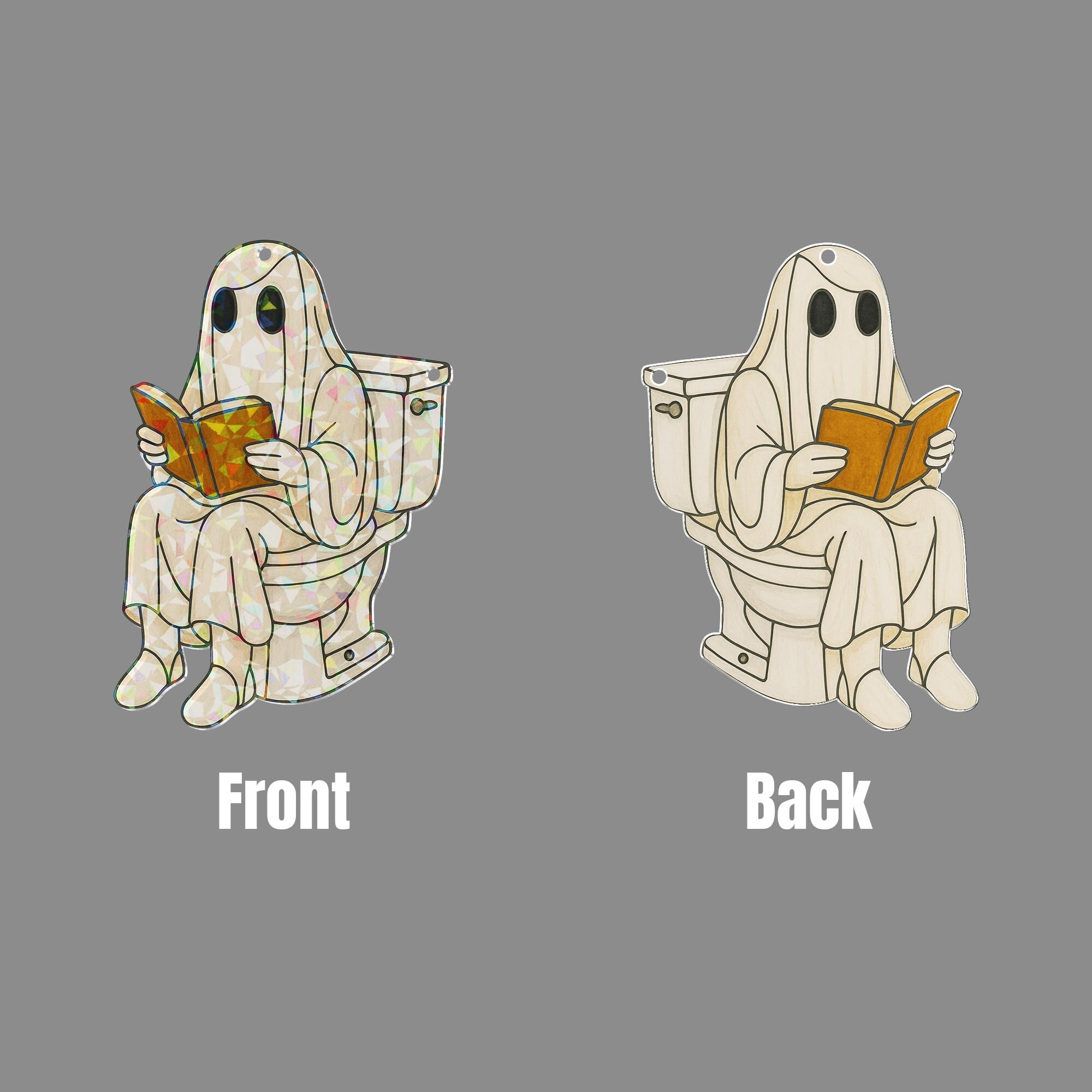 Funny Ghost on Toilet Holographic Bathroom Decor, Halloween Reading Ghost Acrylic Hanging, Spooky Toilet Ornament, Funny Bathroom Decor