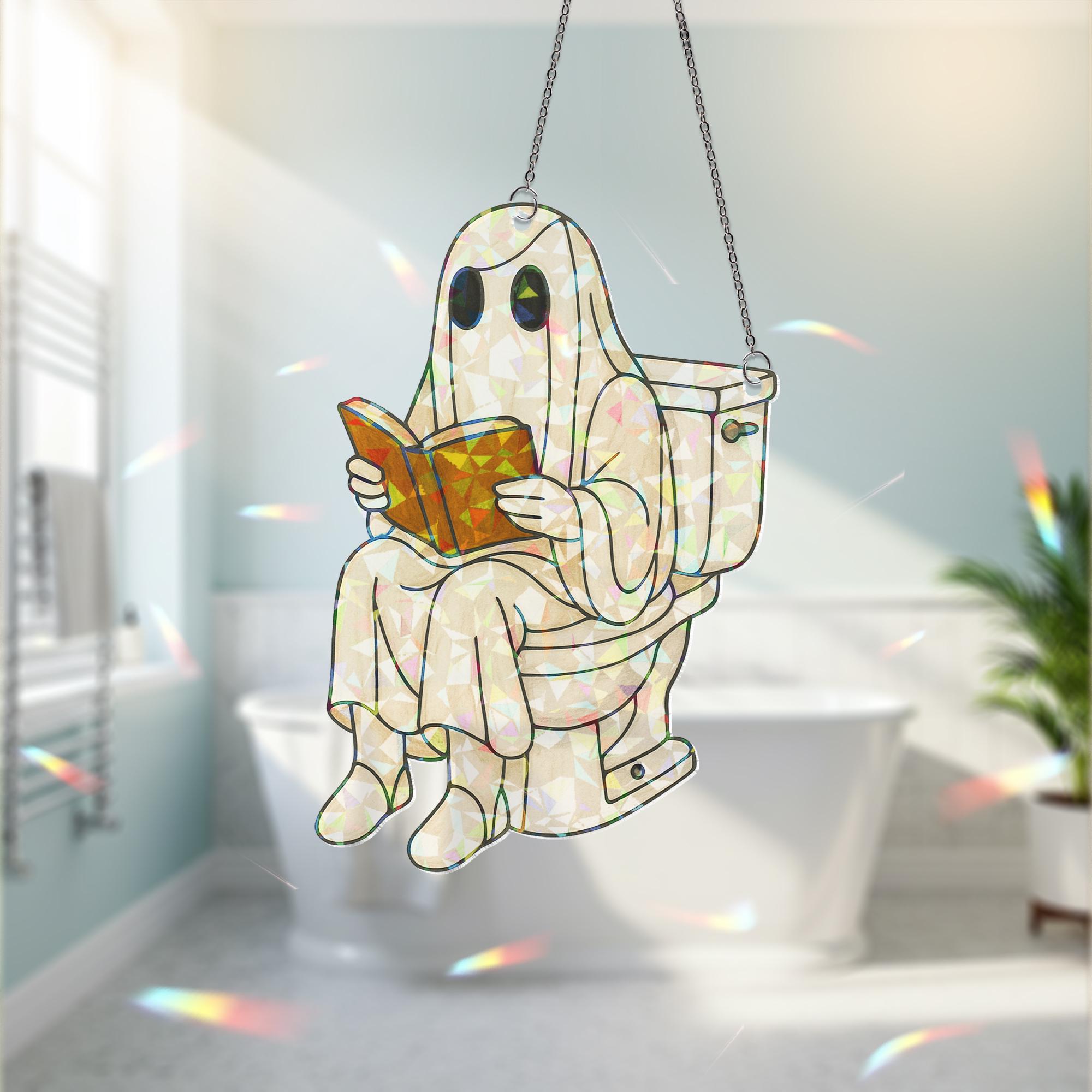 Funny Ghost on Toilet Holographic Bathroom Decor, Halloween Reading Ghost Acrylic Hanging, Spooky Toilet Ornament, Funny Bathroom Decor