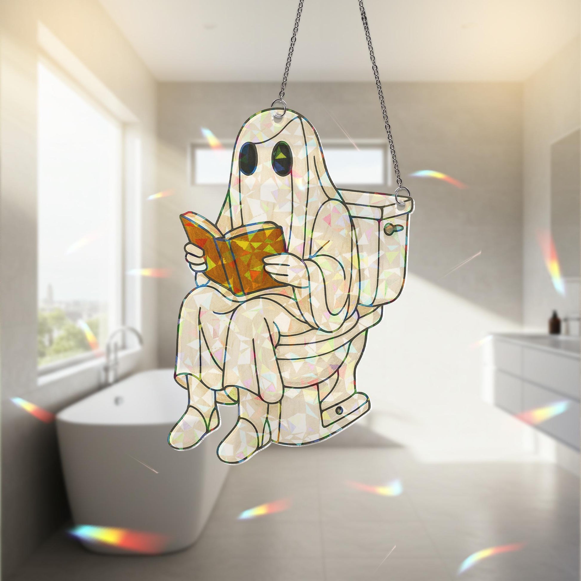 Funny Ghost on Toilet Holographic Bathroom Decor, Halloween Reading Ghost Acrylic Hanging, Spooky Toilet Ornament, Funny Bathroom Decor