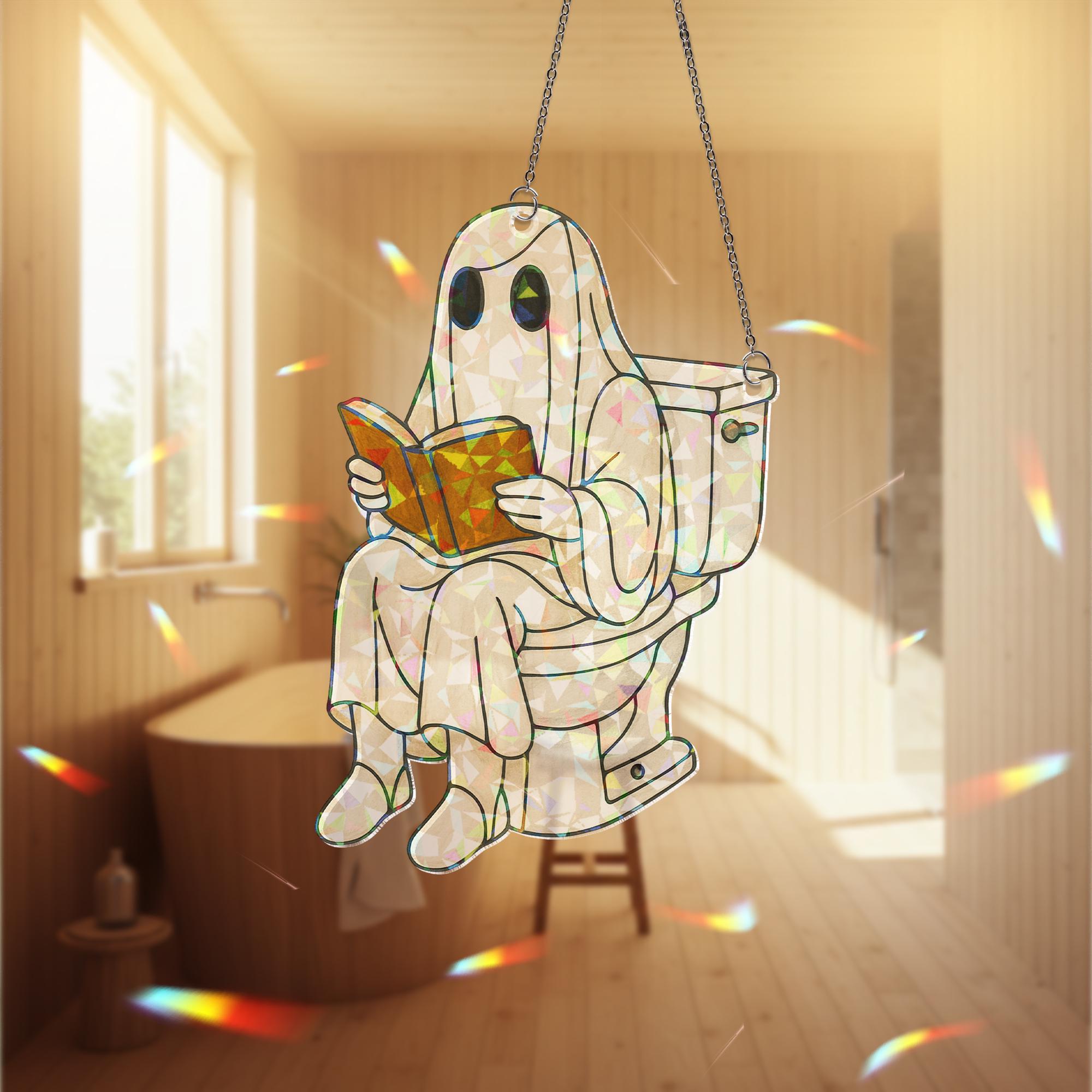 Funny Ghost on Toilet Holographic Bathroom Decor, Halloween Reading Ghost Acrylic Hanging, Spooky Toilet Ornament, Funny Bathroom Decor
