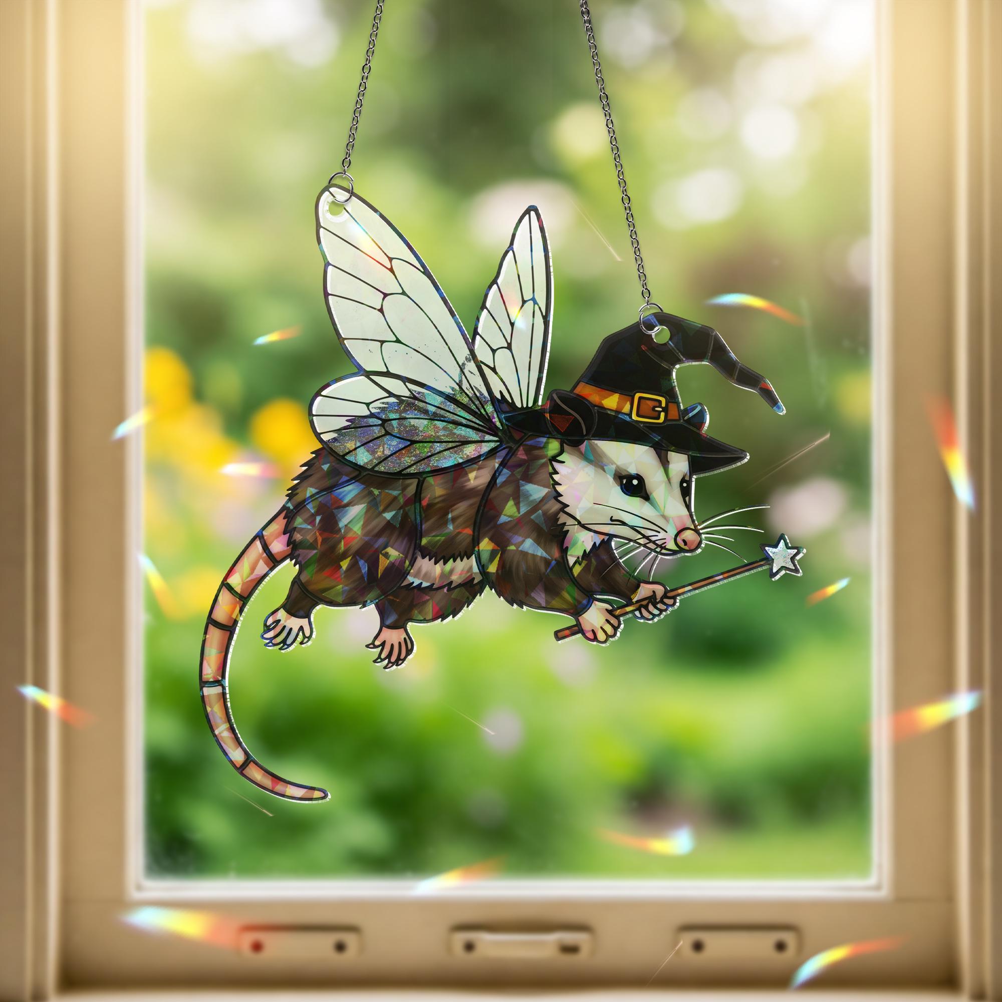 Fairy Possum Witch Suncatcher – Holographic Acrylic Window Decor, Magic Wand Hanging Ornament, Cute Fantasy Animal Gift