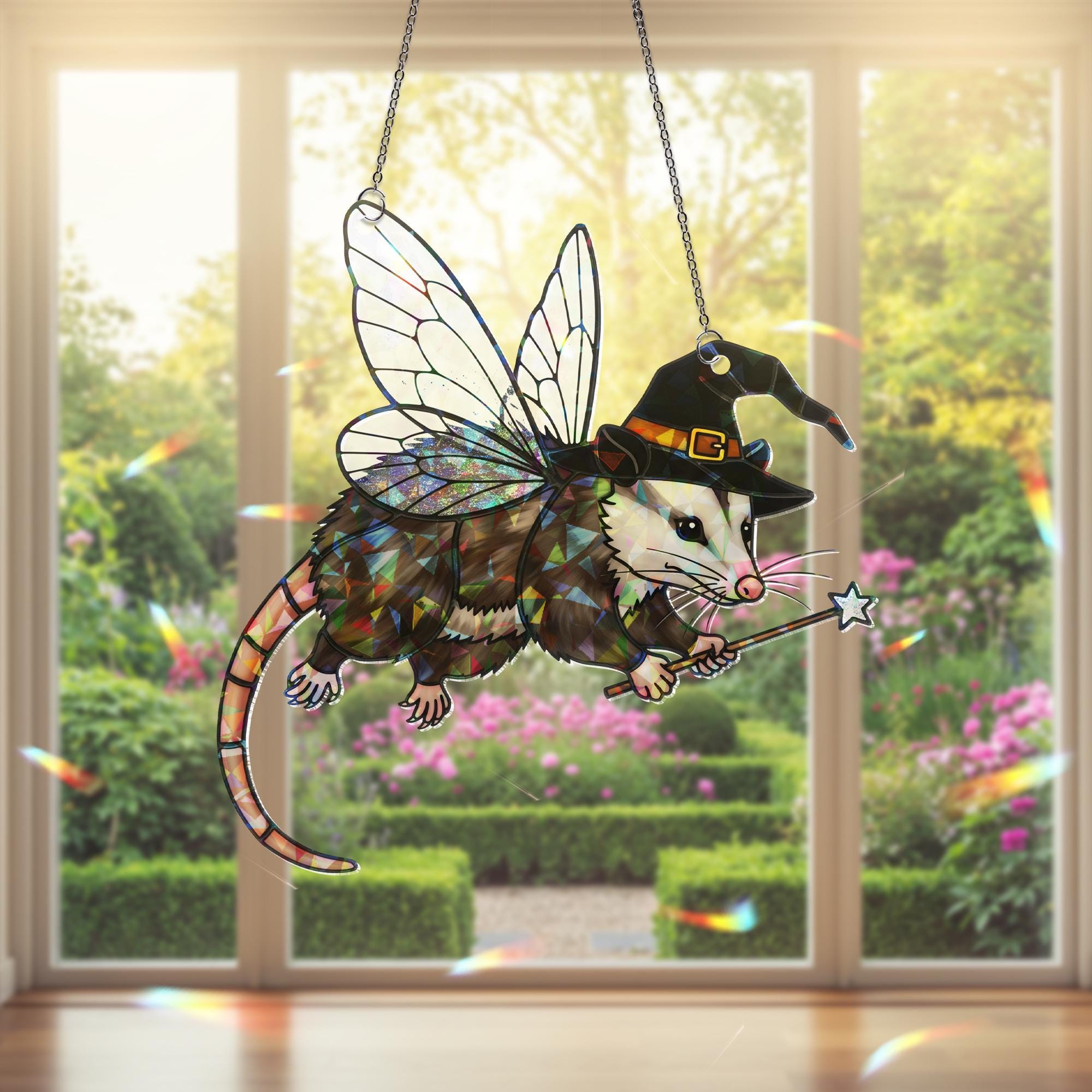 Fairy Possum Witch Suncatcher – Holographic Acrylic Window Decor, Magic Wand Hanging Ornament, Cute Fantasy Animal Gift