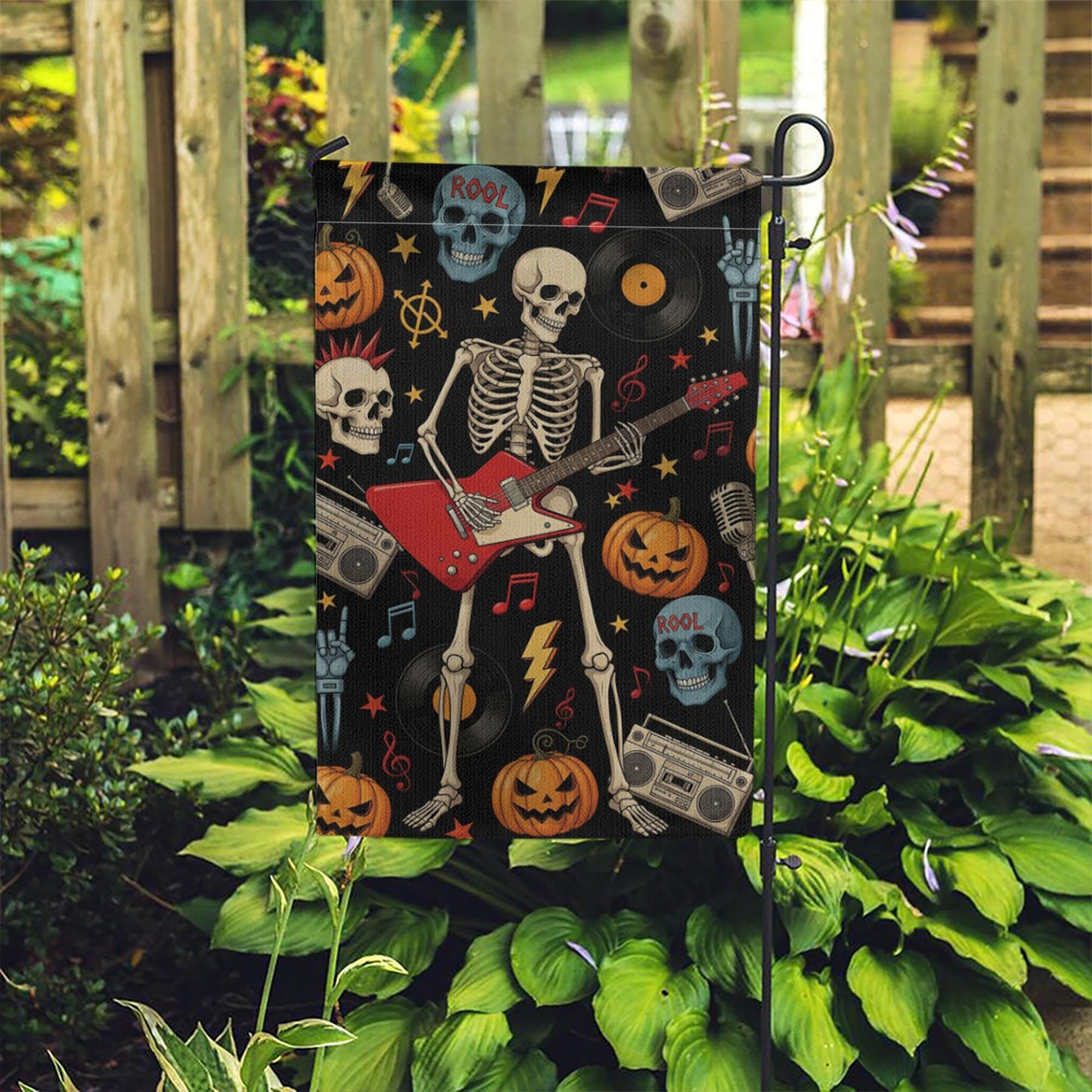 Rock and Roll Skeleton Garden Flag, Halloween Guitar Decor, Goth Yard Art, Music Lover Gift, Spooky Outdoor Banner, Unique Holiday Flag