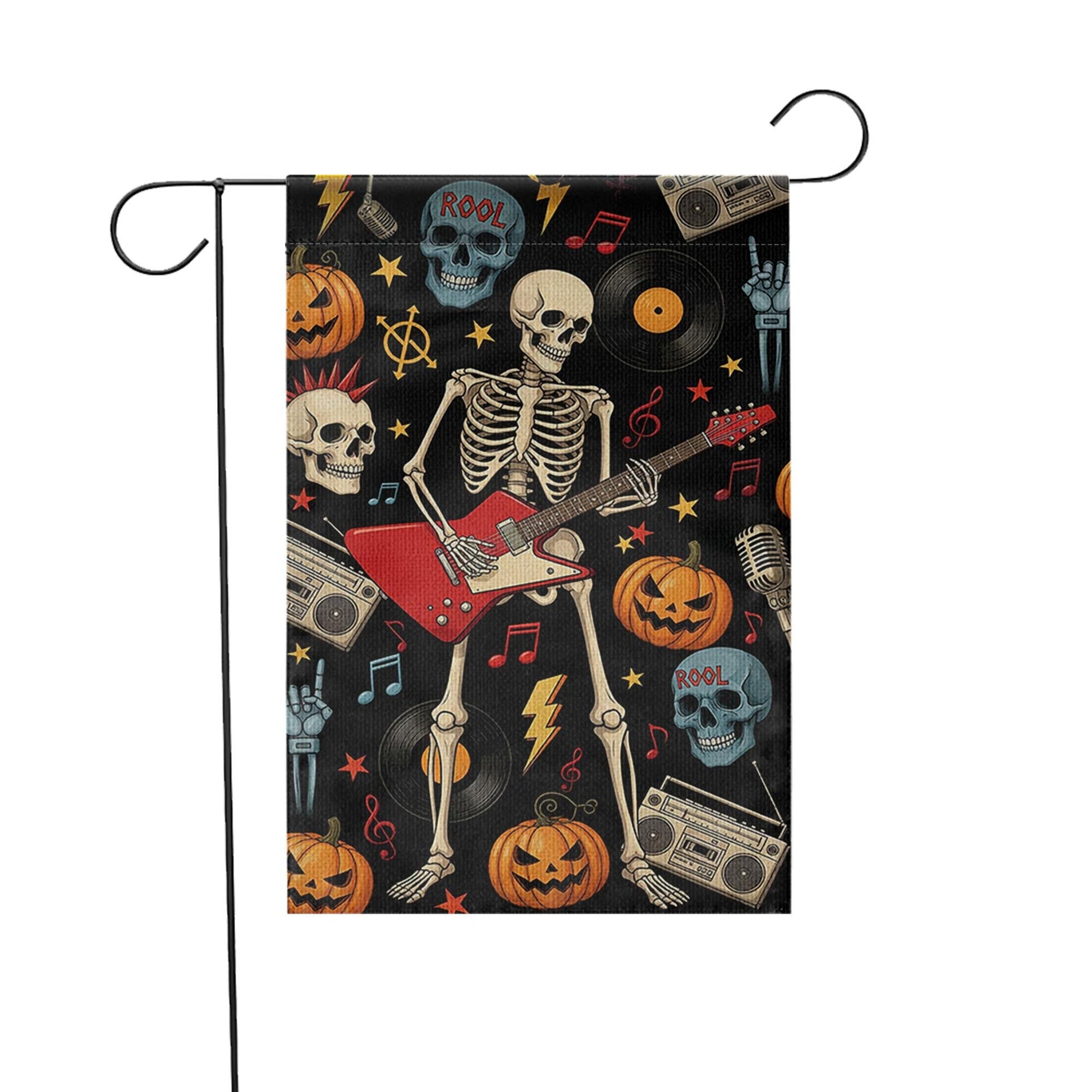 Rock and Roll Skeleton Garden Flag, Halloween Guitar Decor, Goth Yard Art, Music Lover Gift, Spooky Outdoor Banner, Unique Holiday Flag