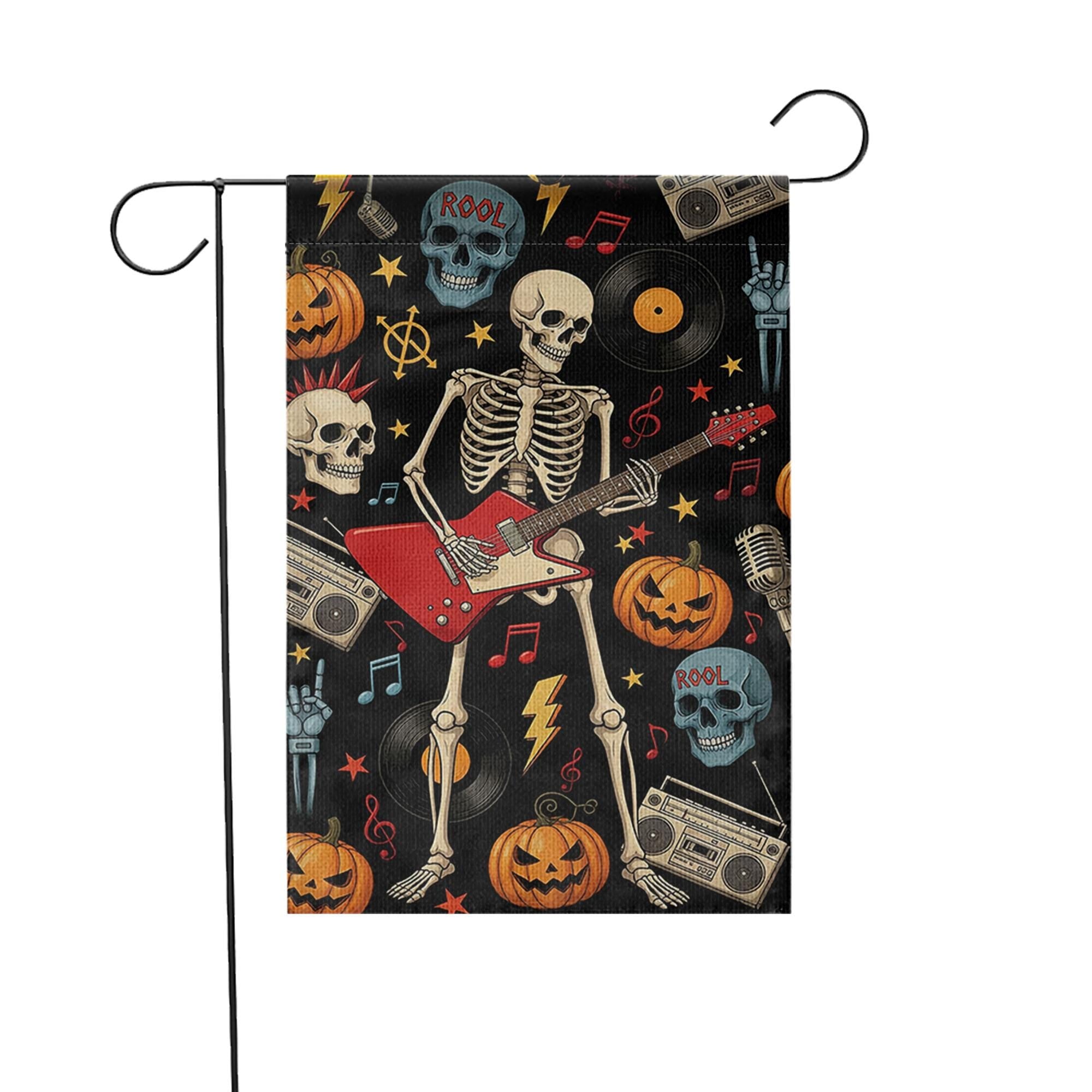 Rock and Roll Skeleton Garden Flag, Halloween Guitar Decor, Goth Yard Art, Music Lover Gift, Spooky Outdoor Banner, Unique Holiday Flag