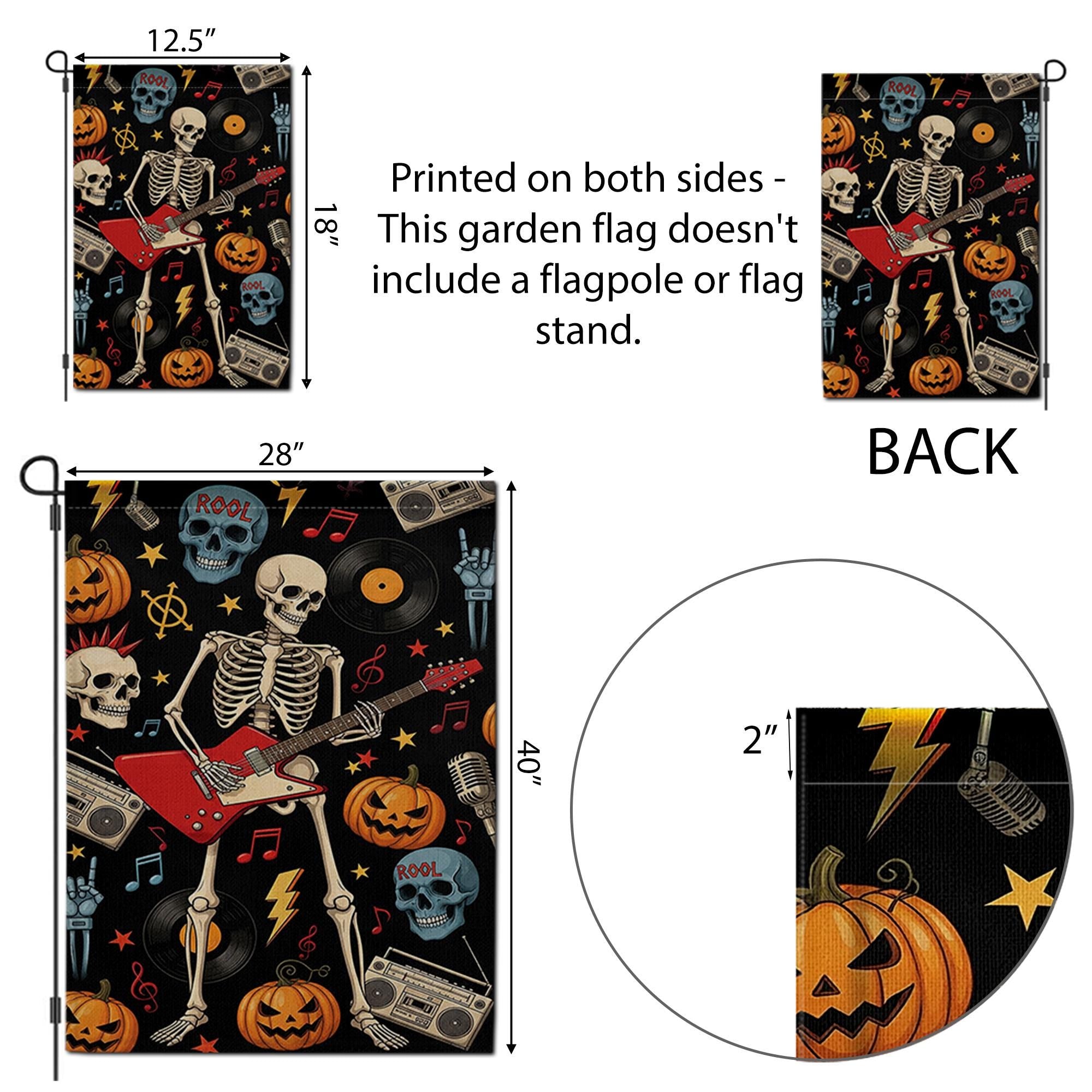 Rock and Roll Skeleton Garden Flag, Halloween Guitar Decor, Goth Yard Art, Music Lover Gift, Spooky Outdoor Banner, Unique Holiday Flag