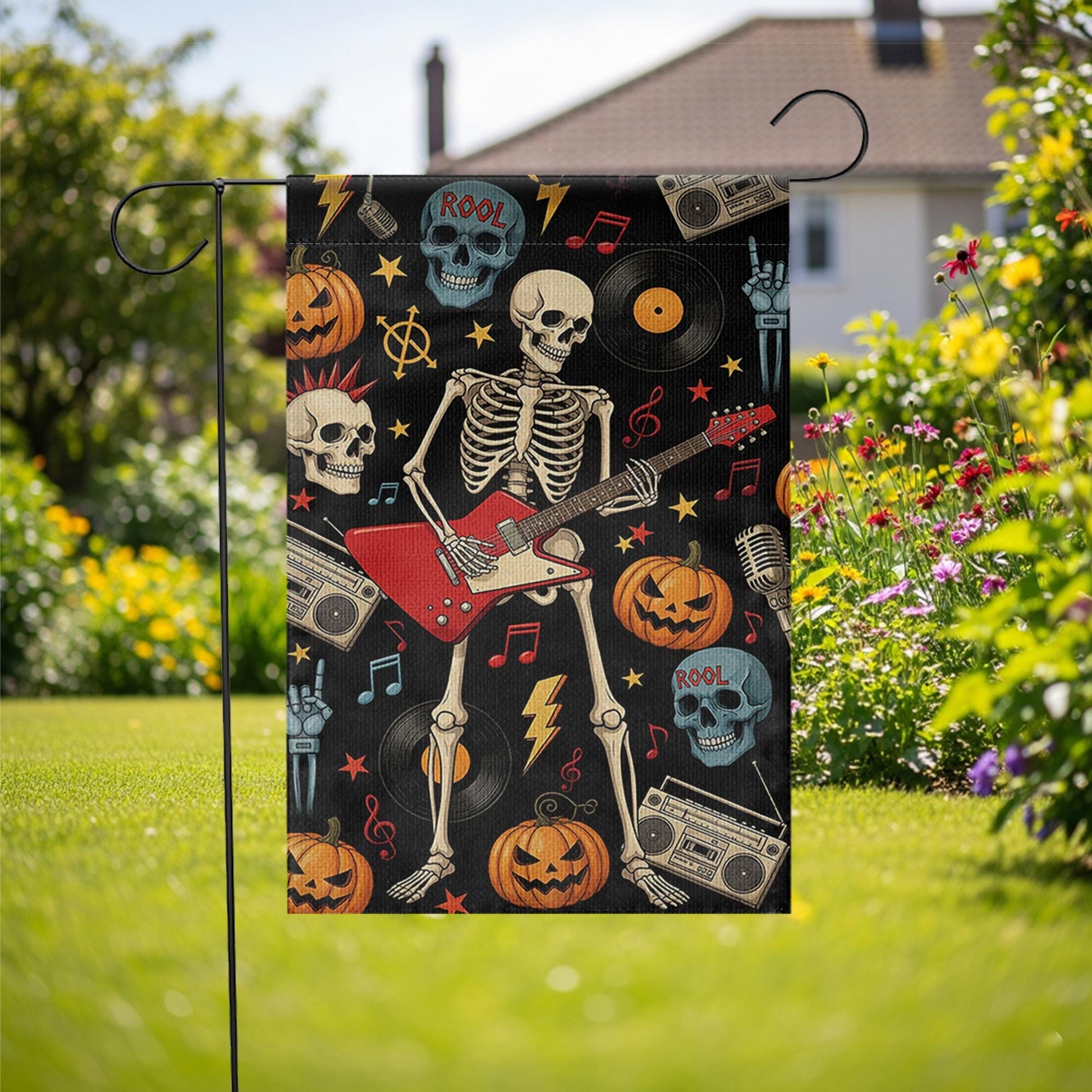 Rock and Roll Skeleton Garden Flag, Halloween Guitar Decor, Goth Yard Art, Music Lover Gift, Spooky Outdoor Banner, Unique Holiday Flag