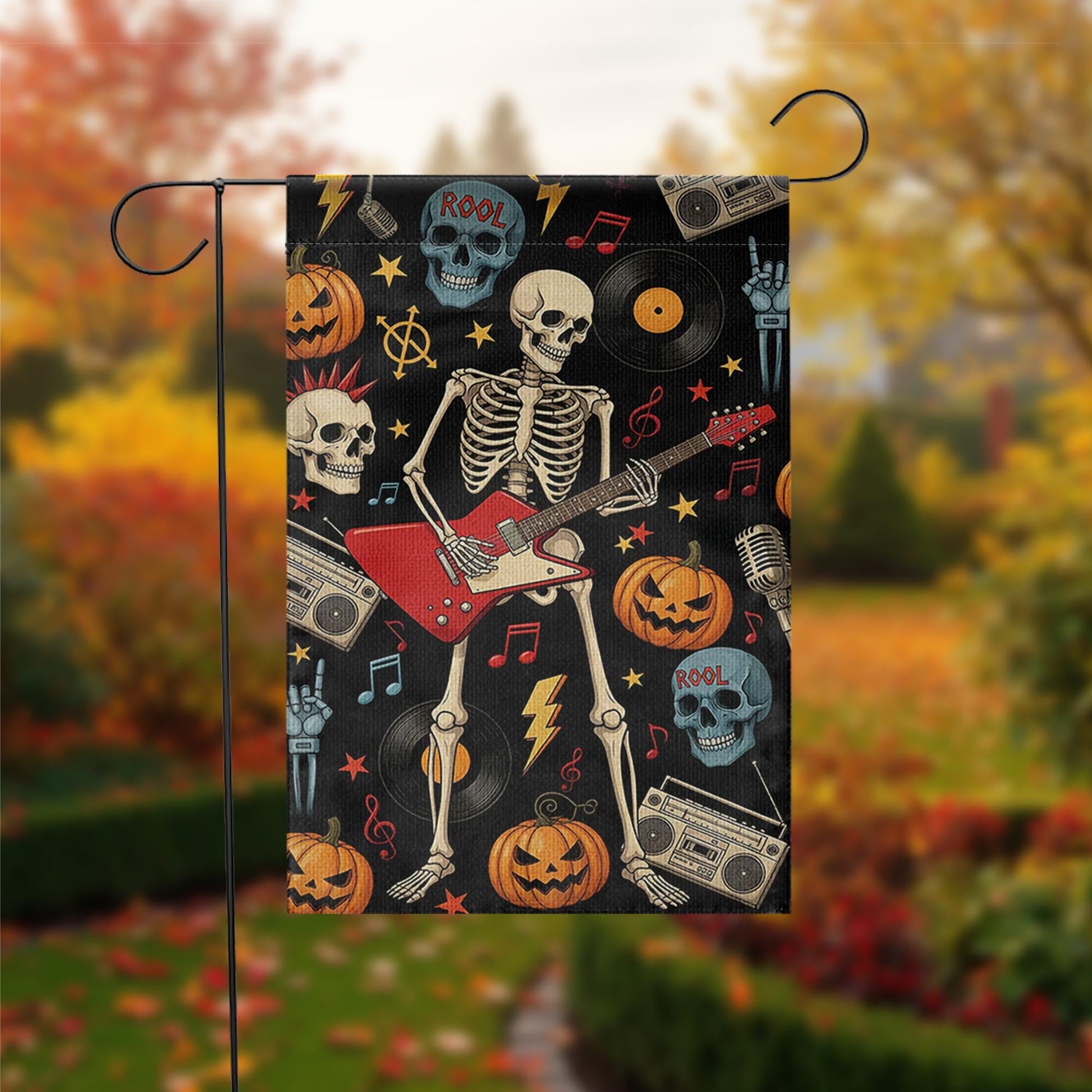 Rock and Roll Skeleton Garden Flag, Halloween Guitar Decor, Goth Yard Art, Music Lover Gift, Spooky Outdoor Banner, Unique Holiday Flag