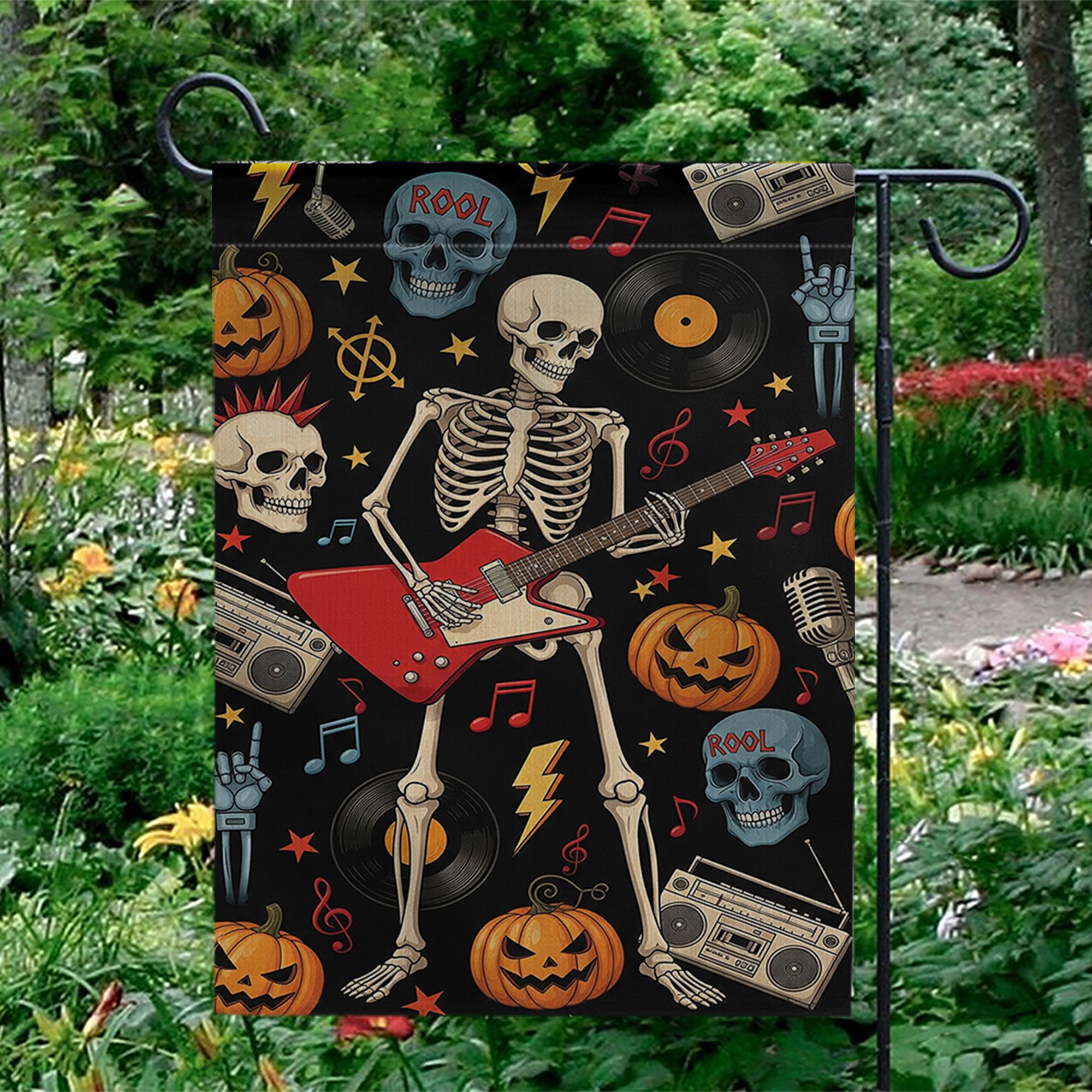 Rock and Roll Skeleton Garden Flag, Halloween Guitar Decor, Goth Yard Art, Music Lover Gift, Spooky Outdoor Banner, Unique Holiday Flag