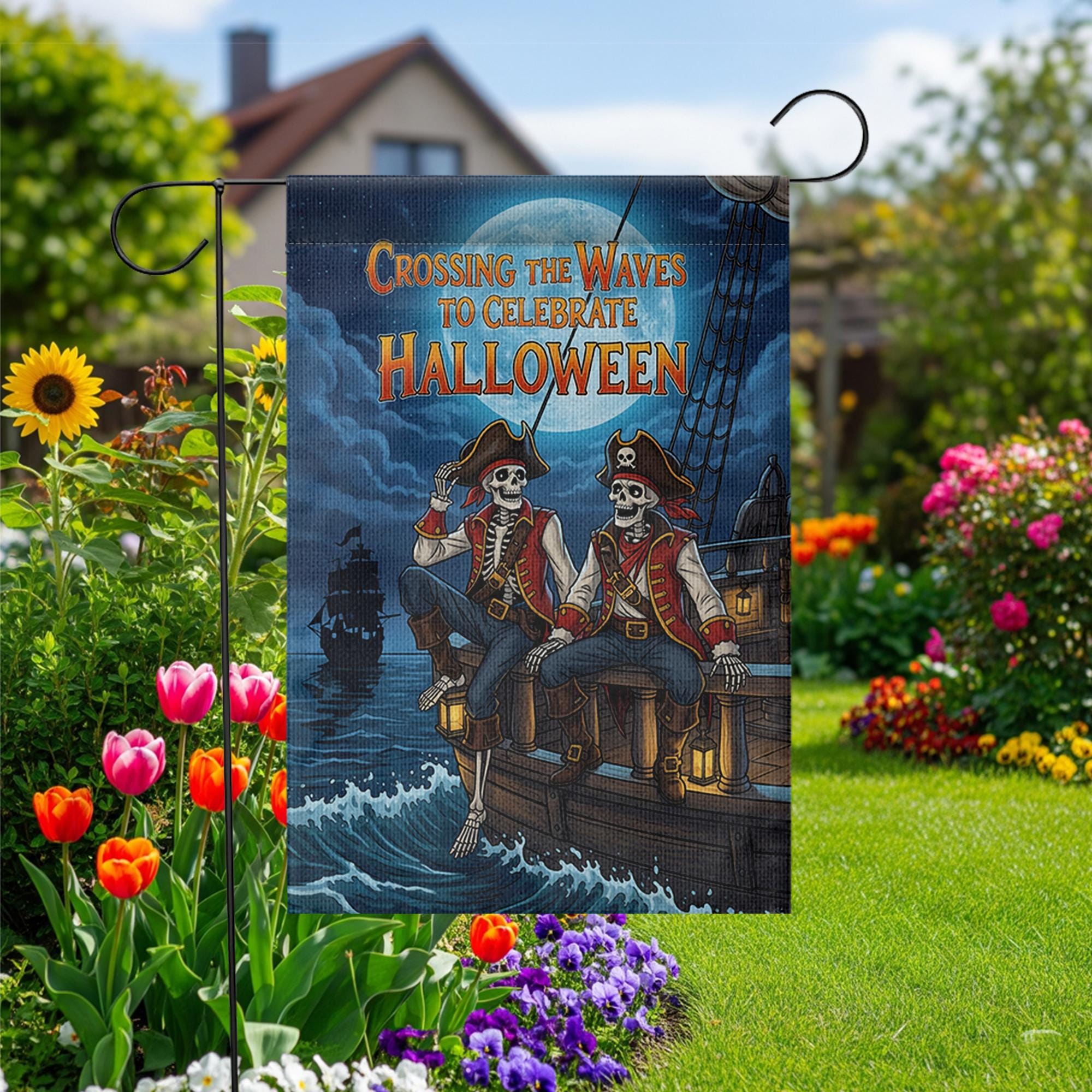Pirate Skeleton Garden Flag, Halloween Ship Decor, Spooky Ocean Banner, Unique Outdoor Flag, Pirate Theme Yard Art, Halloween Celebration
