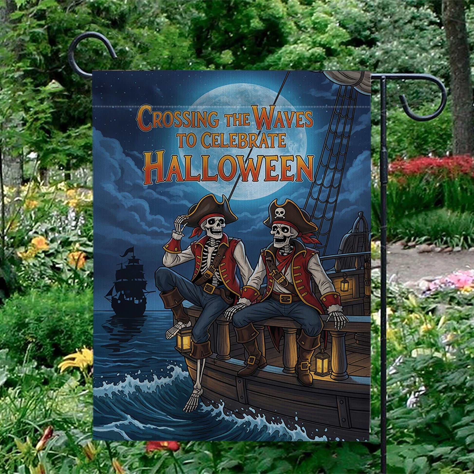 Pirate Skeleton Garden Flag, Halloween Ship Decor, Spooky Ocean Banner, Unique Outdoor Flag, Pirate Theme Yard Art, Halloween Celebration