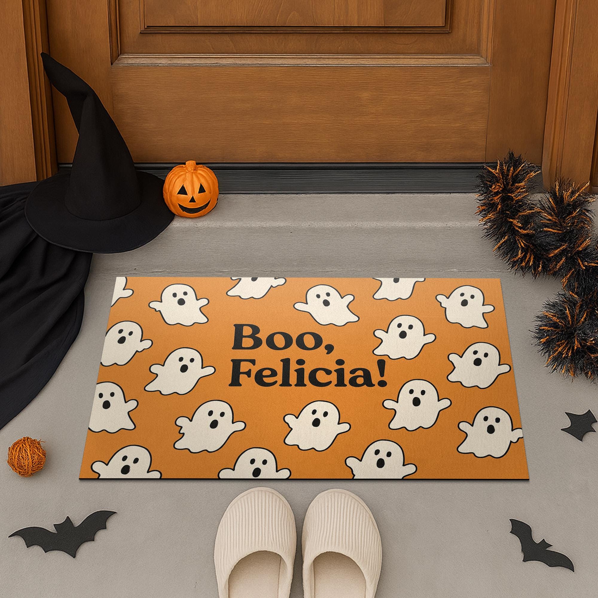 Halloween Doormat, Boo Felicia Ghost Mat, Funny Fall Decor, Spooky Welcome Mat, Witch Hat Pumpkin Entry Rug, Outdoor Halloween Mat