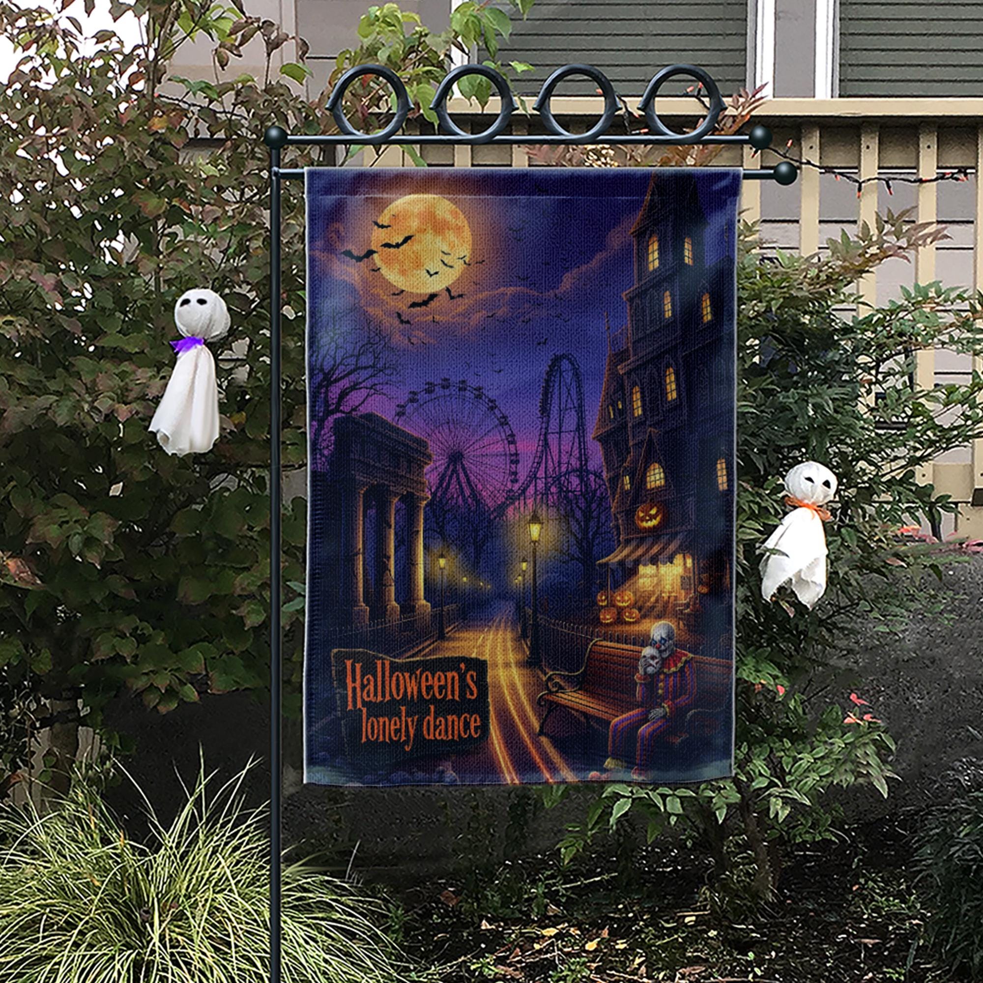 Halloween Lonely Dance Flag, Spooky Carnival Decor, Clown Skeleton Garden Flag, Haunted Park Yard Art, Unique Outdoor Banner, Gothic Gift