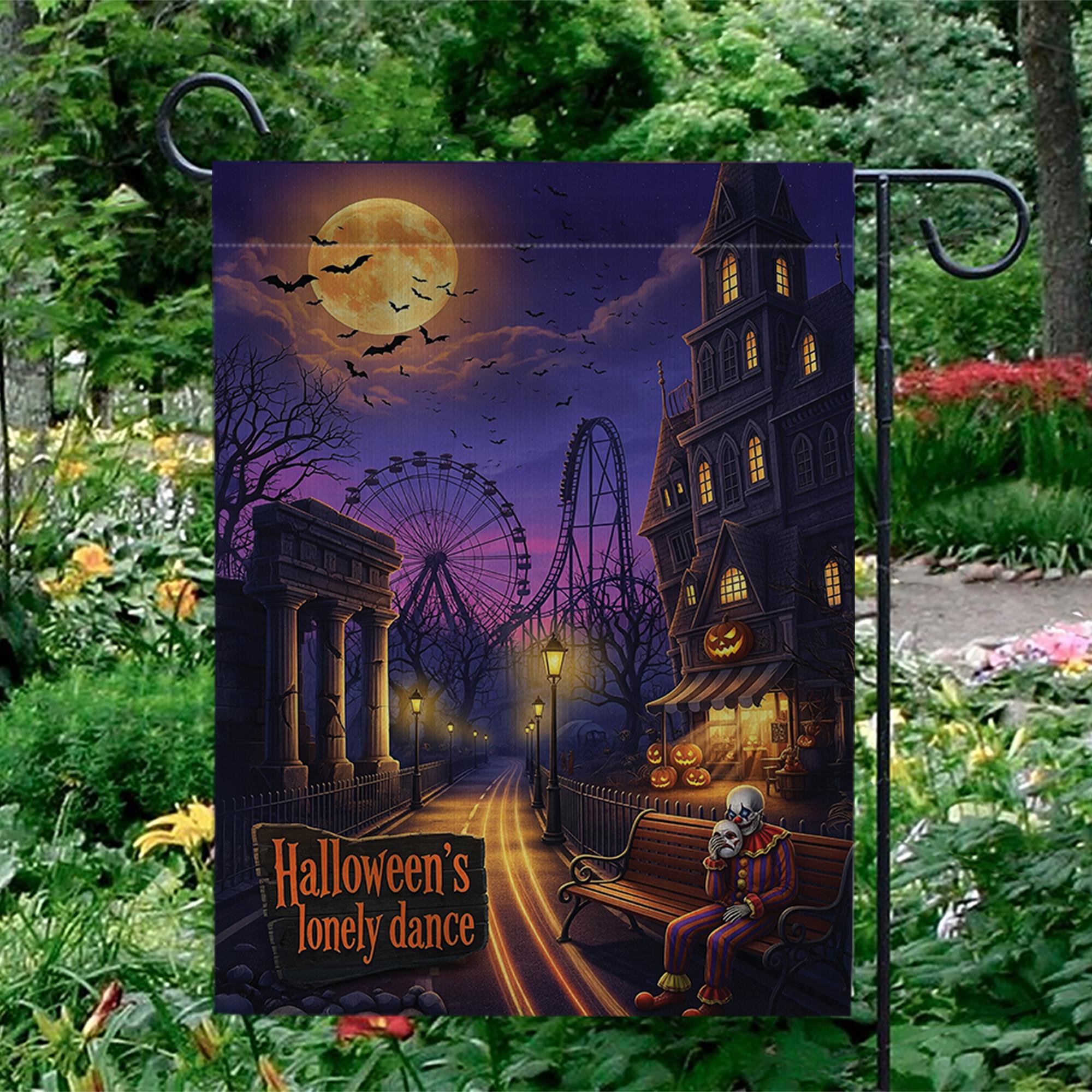 Halloween Lonely Dance Flag, Spooky Carnival Decor, Clown Skeleton Garden Flag, Haunted Park Yard Art, Unique Outdoor Banner, Gothic Gift
