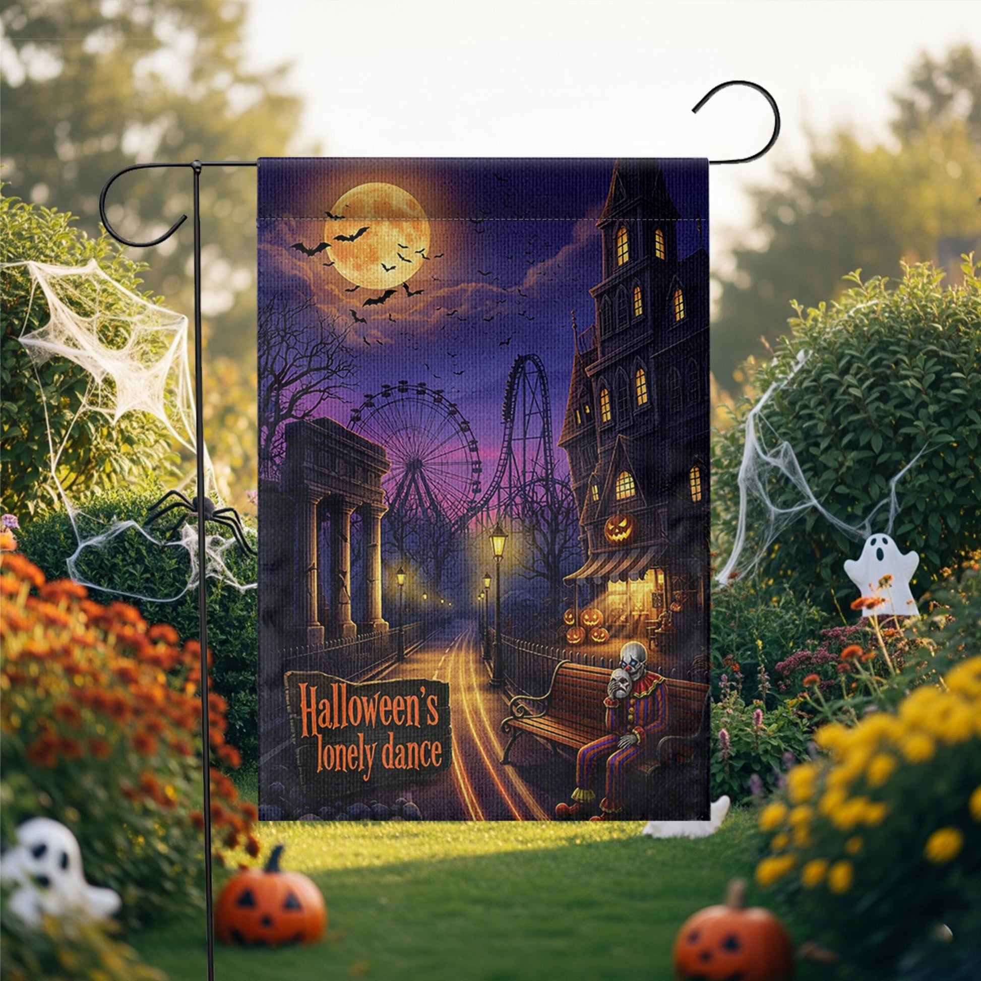 Halloween Lonely Dance Flag, Spooky Carnival Decor, Clown Skeleton Garden Flag, Haunted Park Yard Art, Unique Outdoor Banner, Gothic Gift