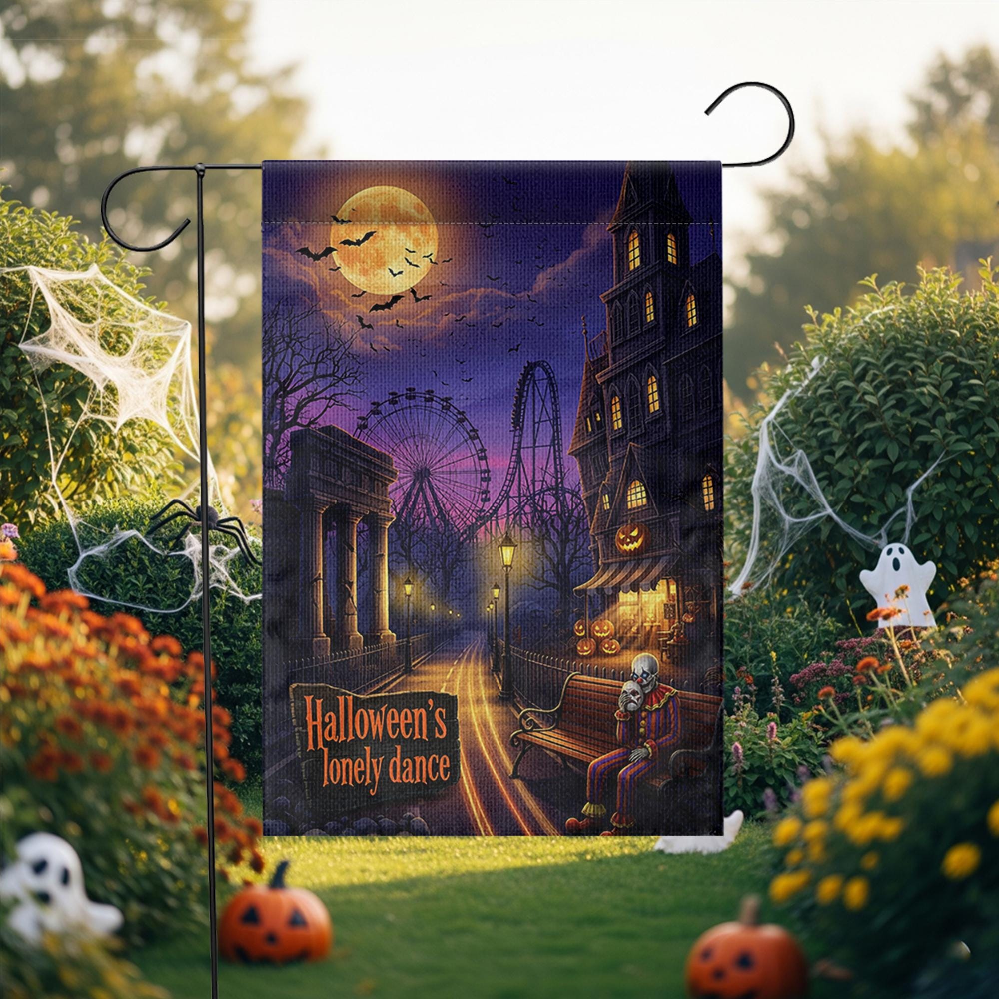 Halloween Lonely Dance Flag, Spooky Carnival Decor, Clown Skeleton Garden Flag, Haunted Park Yard Art, Unique Outdoor Banner, Gothic Gift