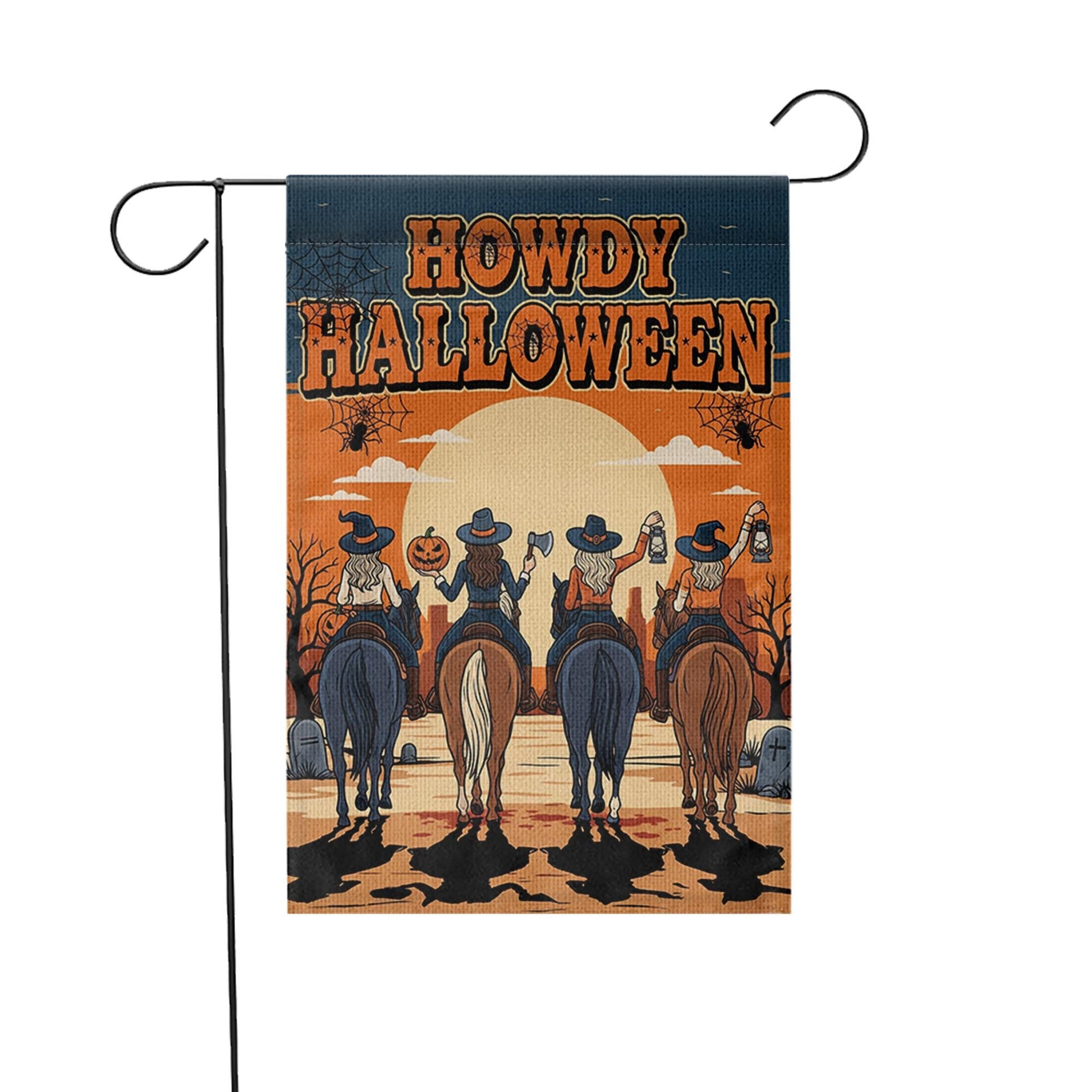 Howdy Halloween Garden Flag, Western Fall Outdoor Decor, Cowboy Witch Riding Horses Flag, Autumn Porch Decoration