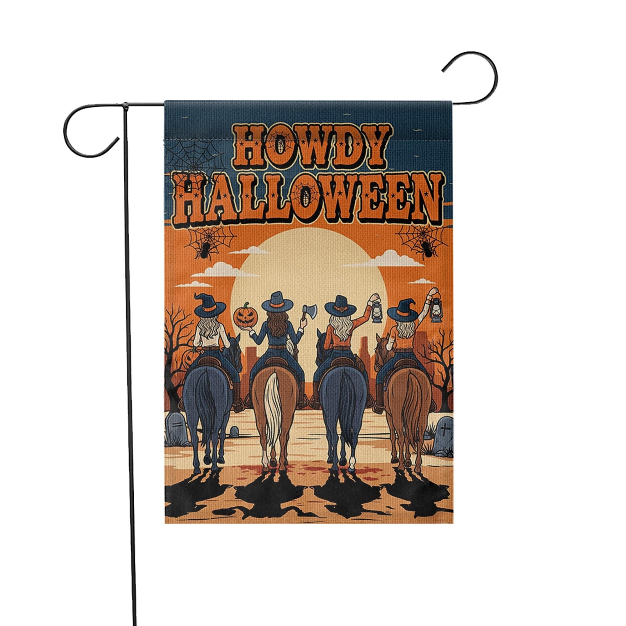 Howdy Halloween Garden Flag, Western Fall Outdoor Decor, Cowboy Witch Riding Horses Flag, Autumn Porch Decoration
