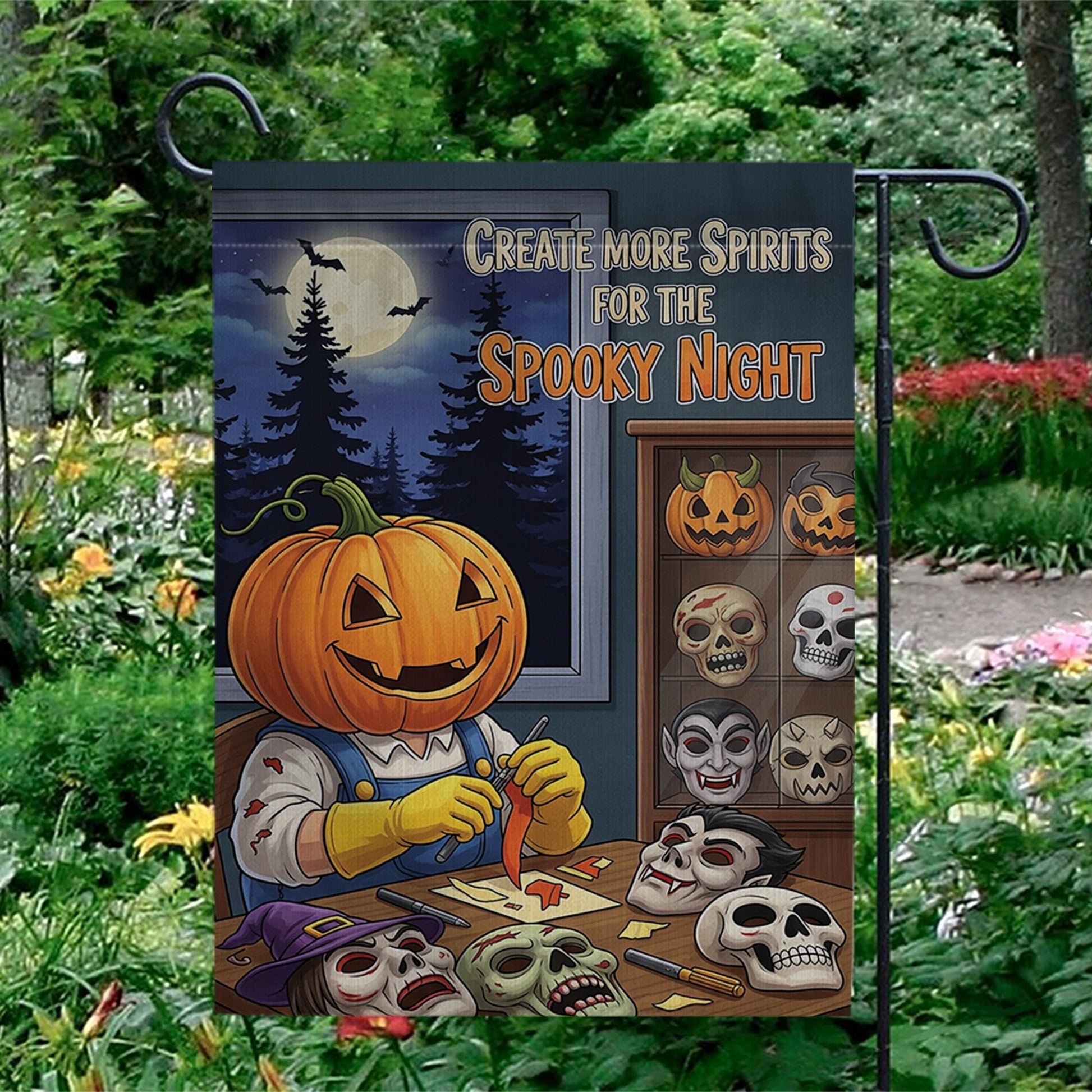 Create Spirits Garden Flag, Pumpkin Carving Skeleton, Spooky Night Decor, Halloween Yard Art, Unique Outdoor Banner, Gothic Gift