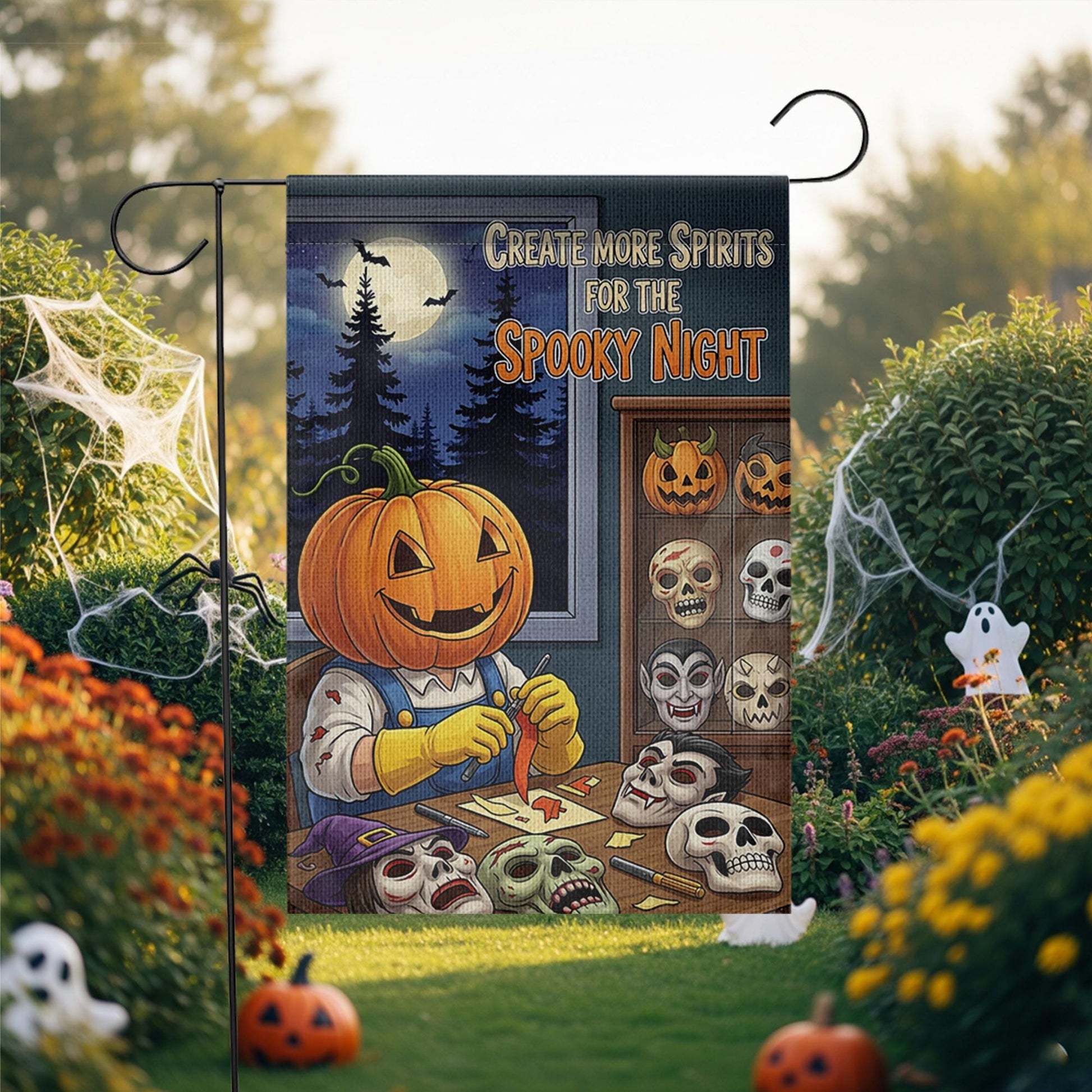 Create Spirits Garden Flag, Pumpkin Carving Skeleton, Spooky Night Decor, Halloween Yard Art, Unique Outdoor Banner, Gothic Gift
