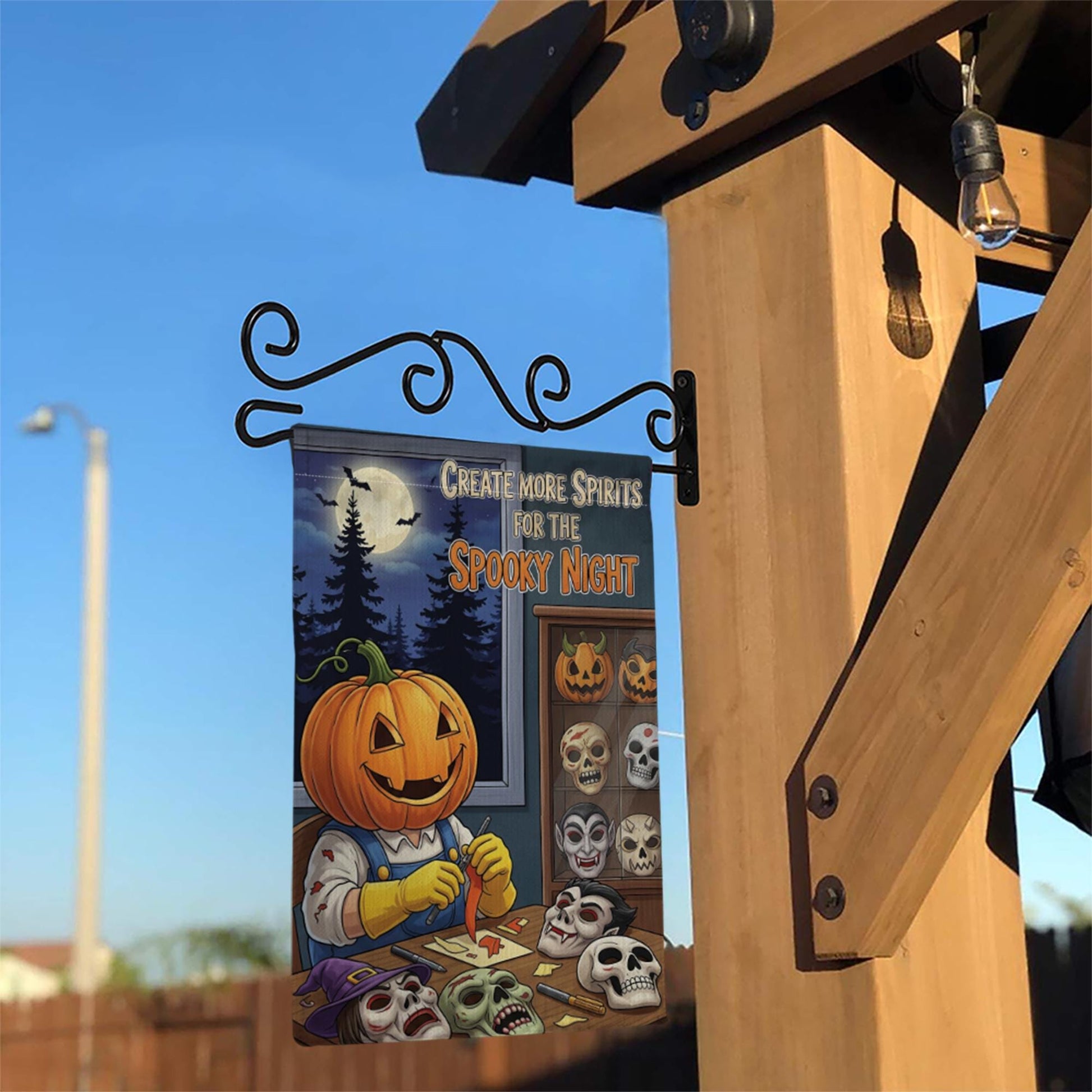 Create Spirits Garden Flag, Pumpkin Carving Skeleton, Spooky Night Decor, Halloween Yard Art, Unique Outdoor Banner, Gothic Gift