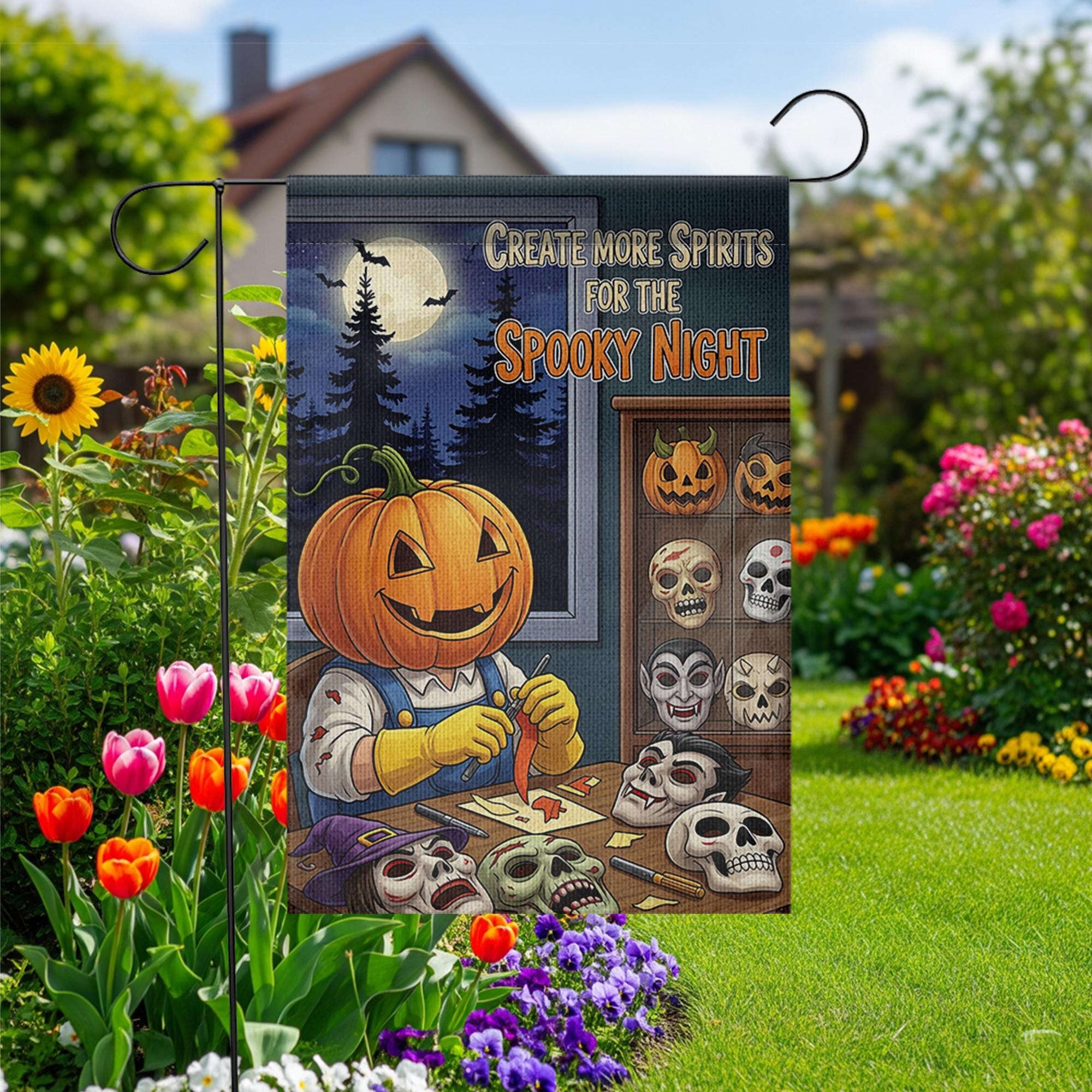 Create Spirits Garden Flag, Pumpkin Carving Skeleton, Spooky Night Decor, Halloween Yard Art, Unique Outdoor Banner, Gothic Gift