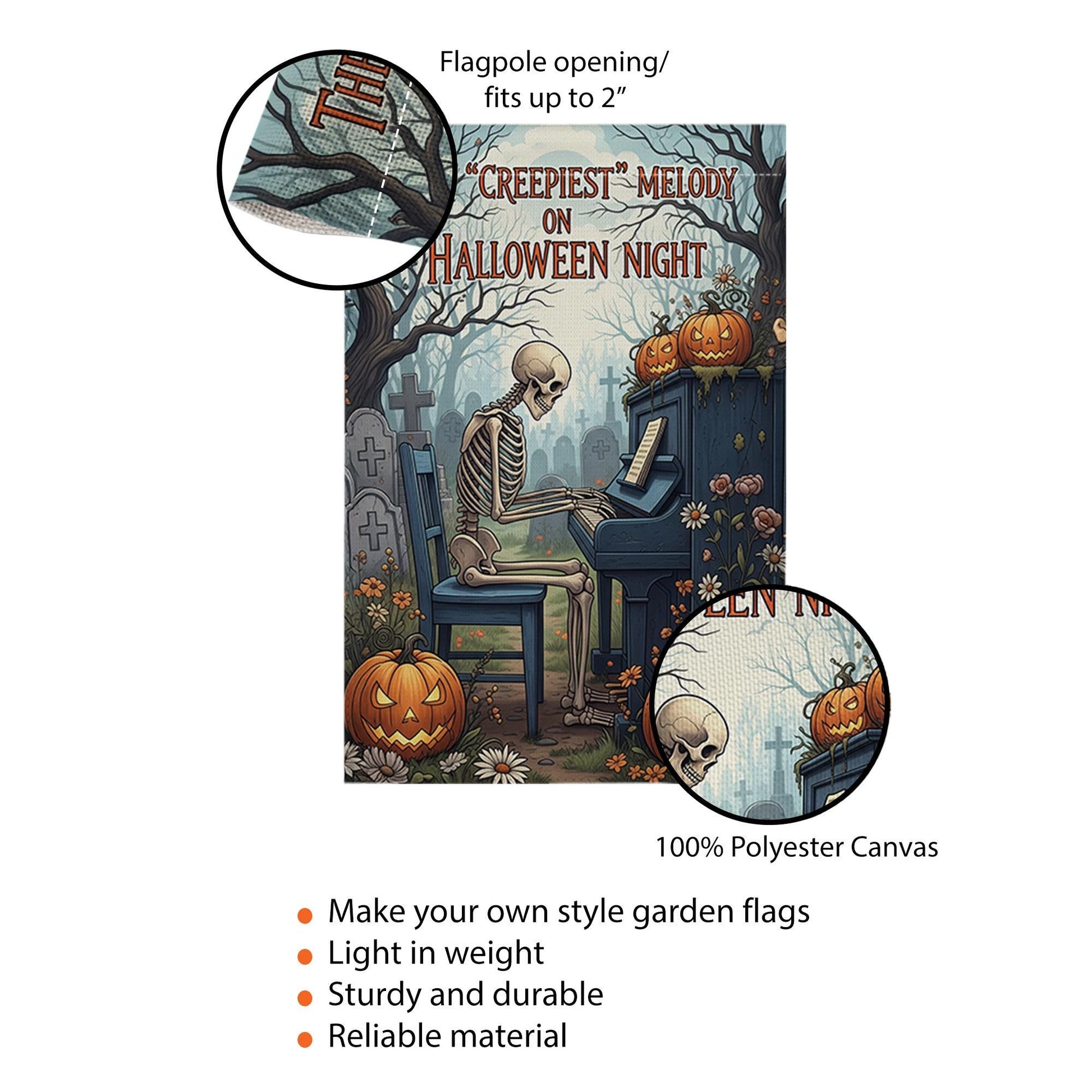 Creepiest Melody Garden Flag, Skeleton Playing Piano, Halloween Night Decor, Spooky Yard Art, Gothic Outdoor Banner, Unique Holiday Gift